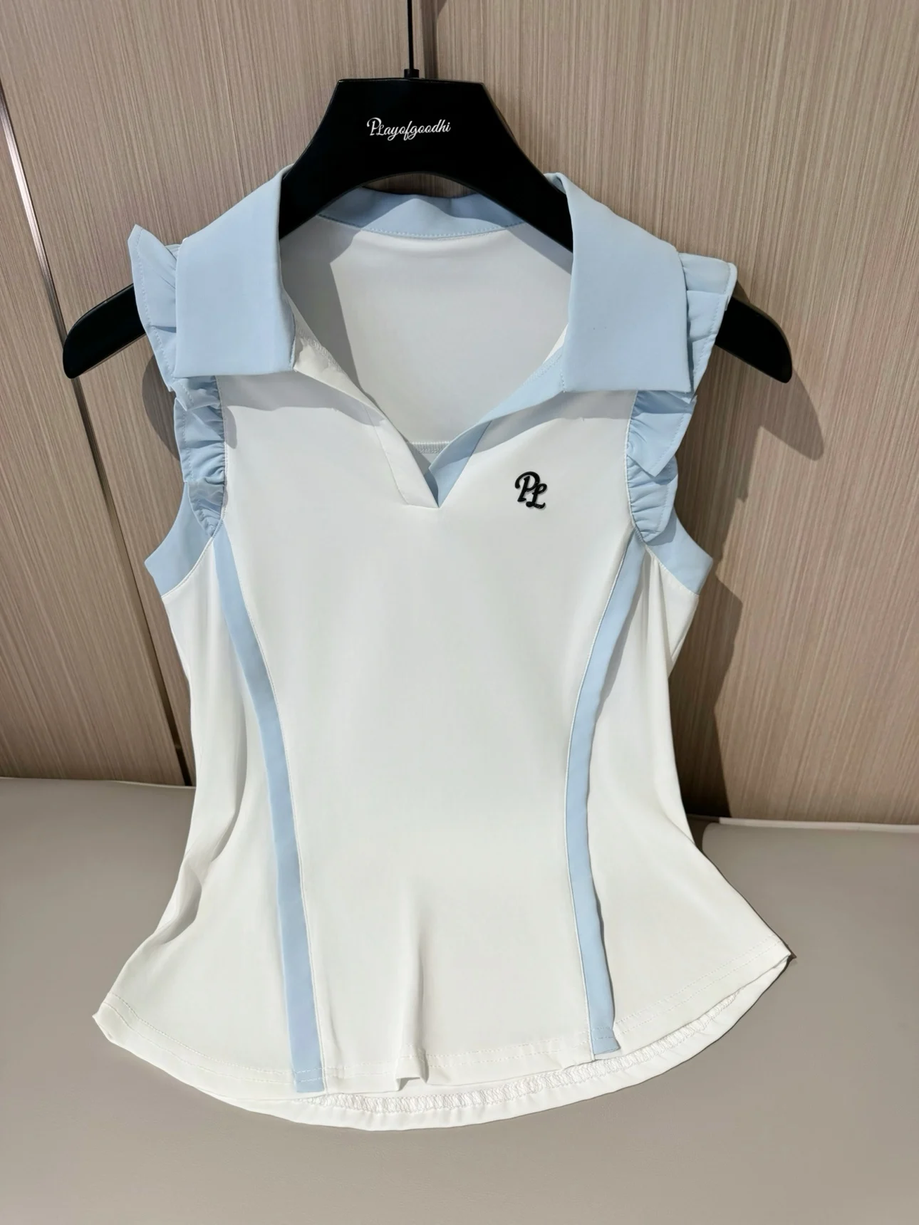 PL New Golf Clothes Women Ruffle Sleeveless V-Neck T-shirt Ladies Fly Sleeve Slim Tank Top High Waist Pleated Tennis Skirts Golf