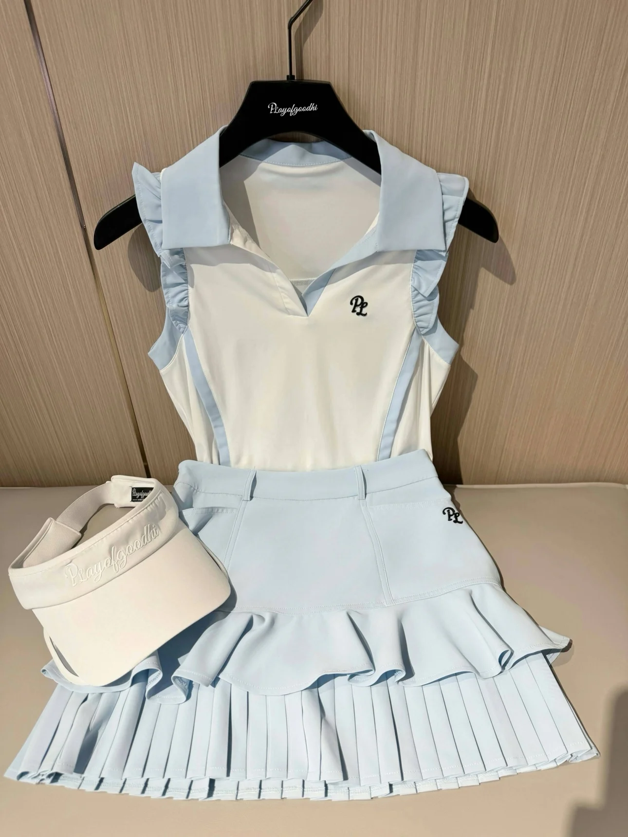 PL New Golf Clothes Women Ruffle Sleeveless V-Neck T-shirt Ladies Fly Sleeve Slim Tank Top High Waist Pleated Tennis Skirts Golf