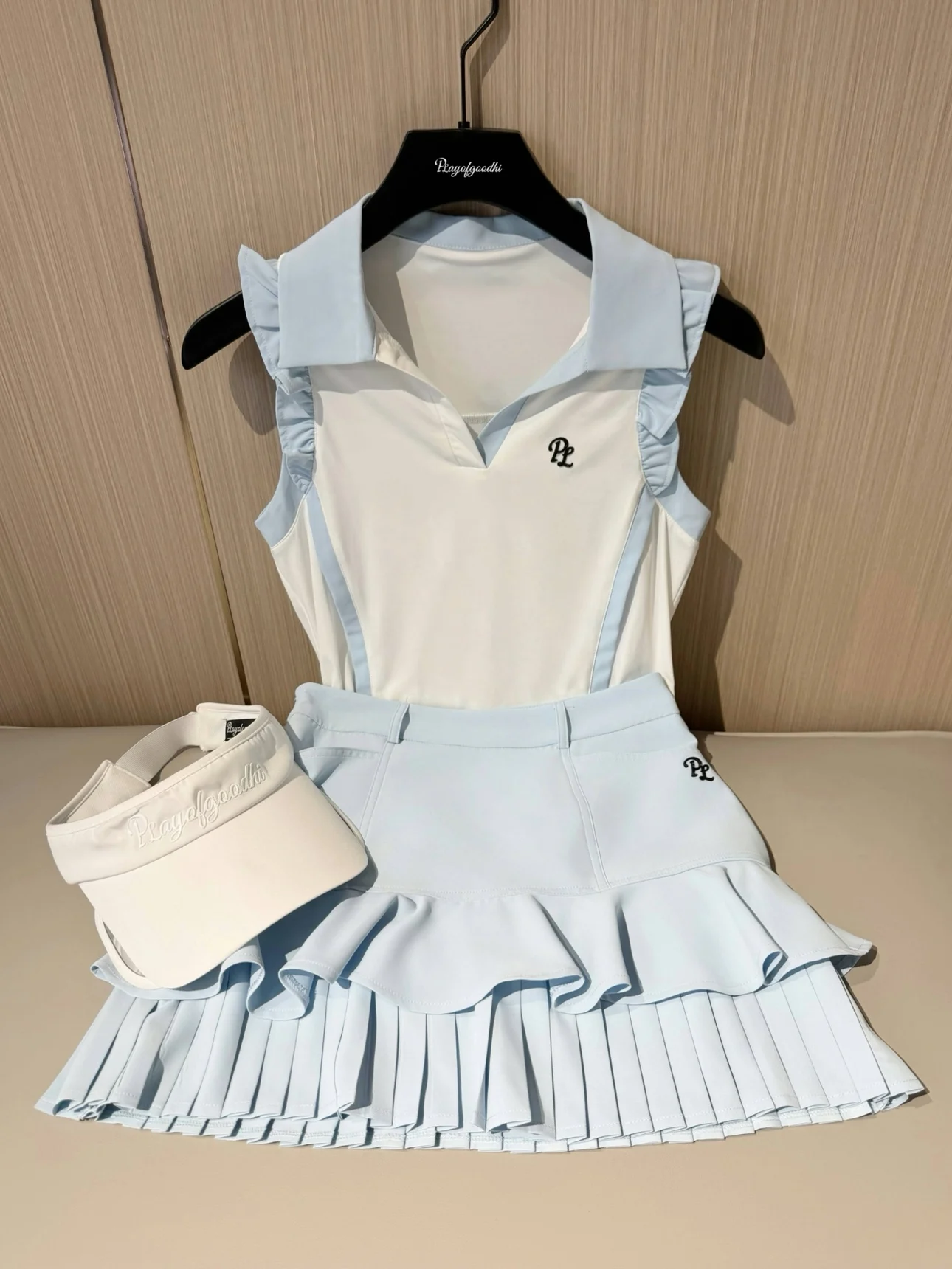 PL New Golf Clothes Women Ruffle Sleeveless V-Neck T-shirt Ladies Fly Sleeve Slim Tank Top High Waist Pleated Tennis Skirts Golf