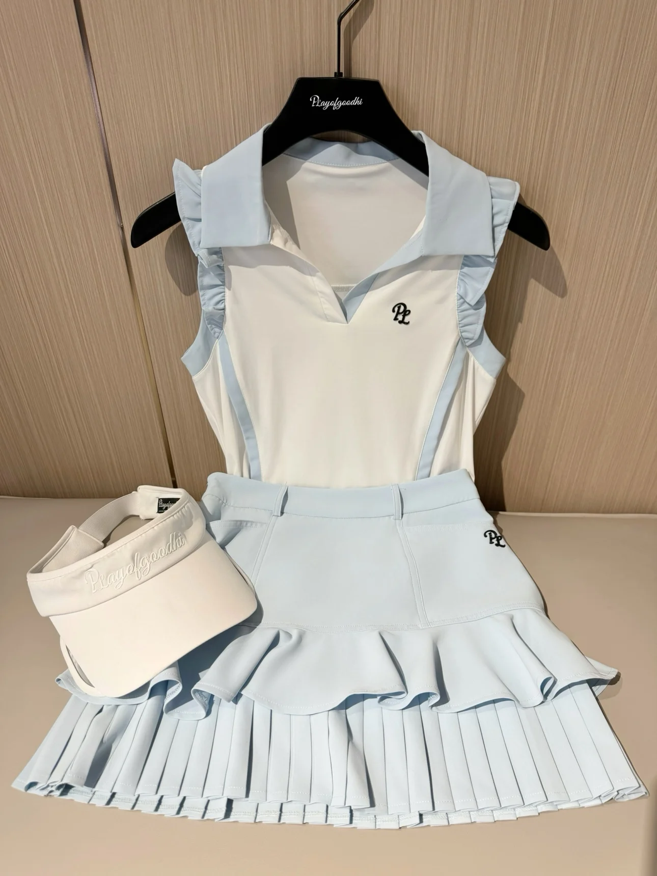 PL New Golf Clothes Women Ruffle Sleeveless V-Neck T-shirt Ladies Fly Sleeve Slim Tank Top High Waist Pleated Tennis Skirts Golf