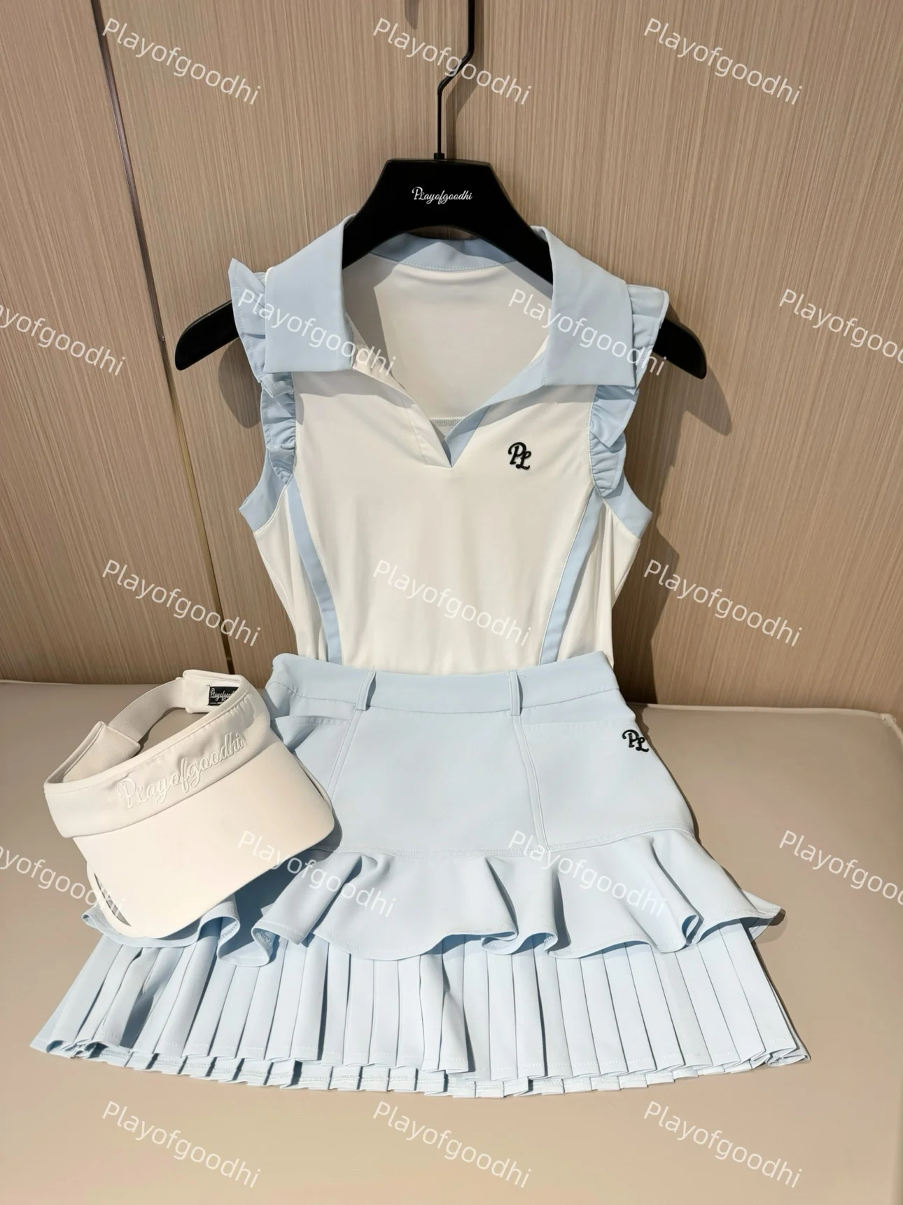 PL New Golf Clothes Women Ruffle Sleeveless V-Neck T-shirt Ladies Fly Sleeve Slim Tank Top High Waist Pleated Tennis Skirts Golf
