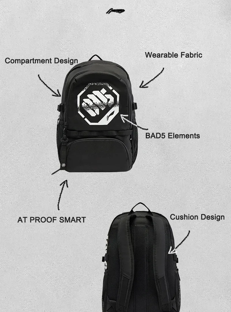 Li-Ning Unisex BADFIVE Basketball Bag 310*220*480mm Capacity 32.7L Adjustable Strap LiNing Men Women Bags ABSV093