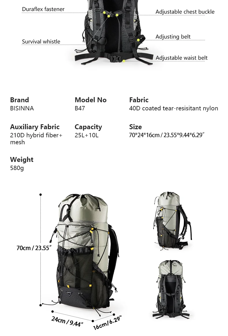 BISINNA Camping Backpack 25+10L Ultralight Travel Bag for Men Women Large Capacity Outdoor Sports Climbing Hiking Backpack