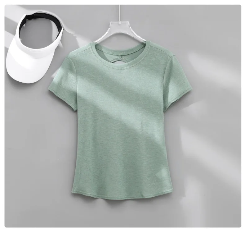 DRUR Gym Tops Women Lightweight Sweatshirt Summer Short Sleeve Quick Dry Fitness Running Tshirt Back Cross Hollow Yoga Wear New