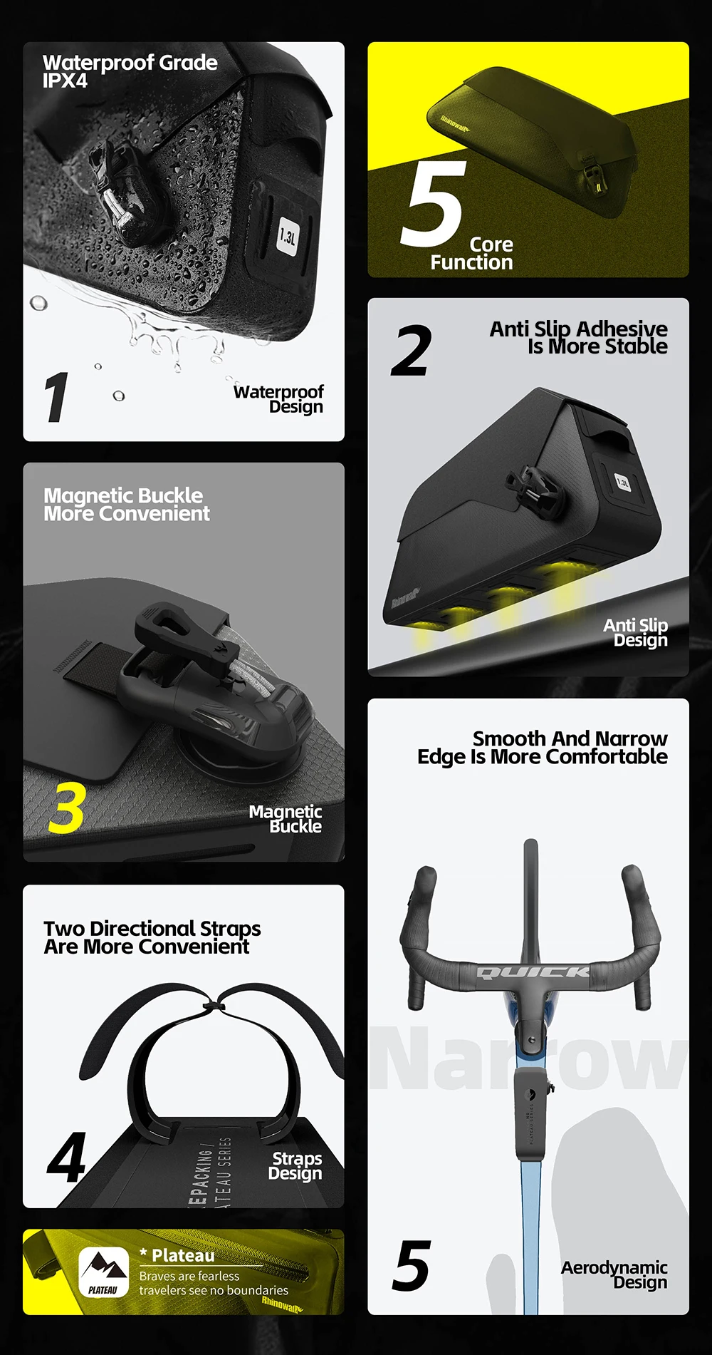 Rhinowalk Bike Top Tube Bag Magnetic Flip for MTB Road Gravel Bicycle Accessories,waterproof Bike Bag