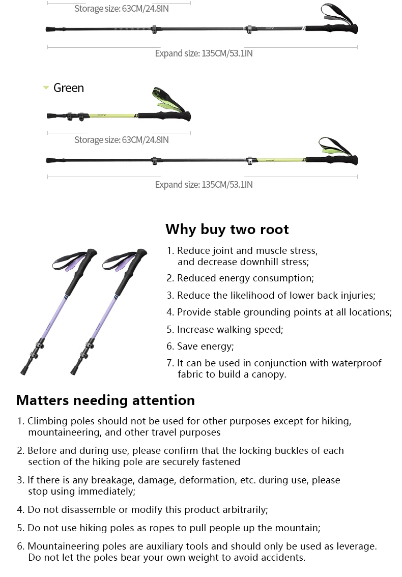 BISINNA 2pcs Trekking Poles Carbon Fiber Walking Sticks Ultra-light Telescopic Outdoor Hiking Climbing Cane
