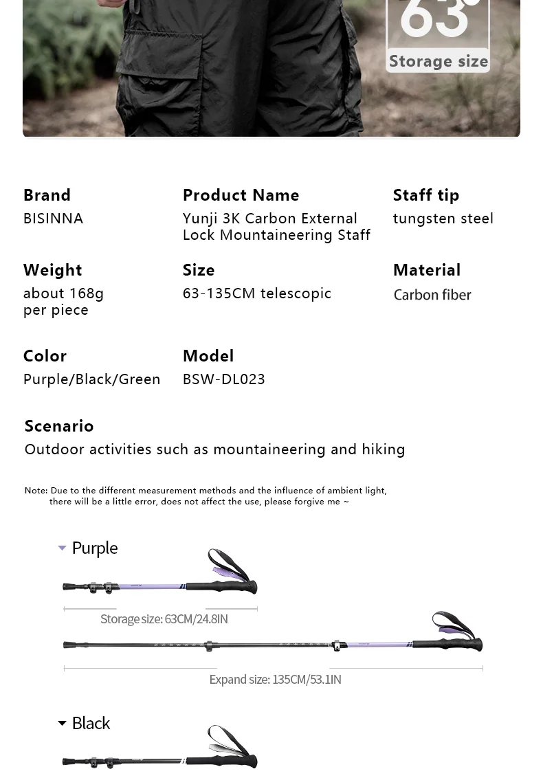 BISINNA 2pcs Trekking Poles Carbon Fiber Walking Sticks Ultra-light Telescopic Outdoor Hiking Climbing Cane