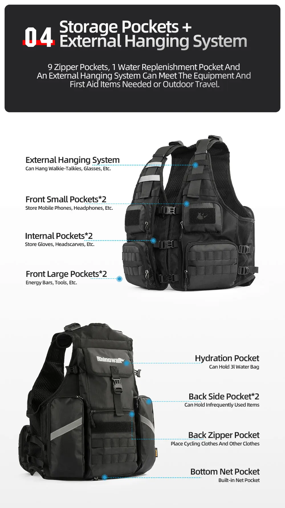 Rhinowalk Motorcycle Backpack Vest Universal Cycling Riding Outdoor Portable Traveling Sporting Pack With Helmet Net