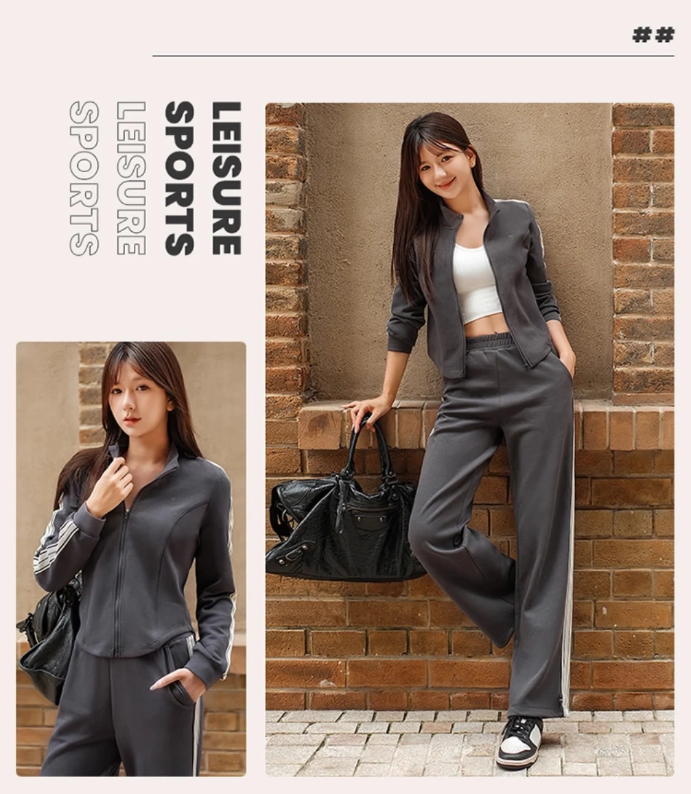 GOLDEN CAMEL Women's Sports Suit Fashion Slim Fitness Gym Two-piece Jogging Suit Stand Collar Casual Long Sleeve T-shirts Pants