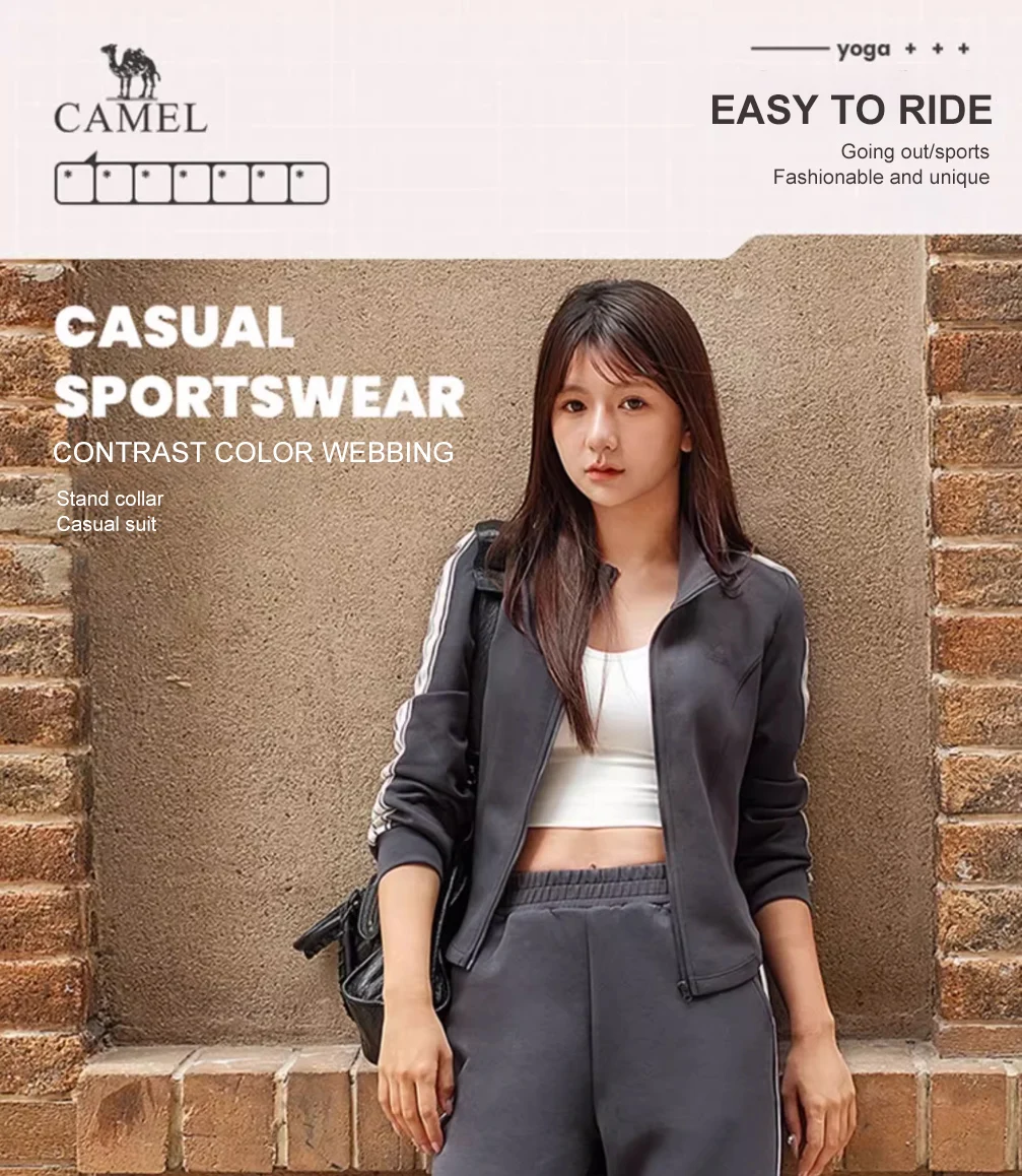 GOLDEN CAMEL Women's Sports Suit Fashion Slim Fitness Gym Two-piece Jogging Suit Stand Collar Casual Long Sleeve T-shirts Pants