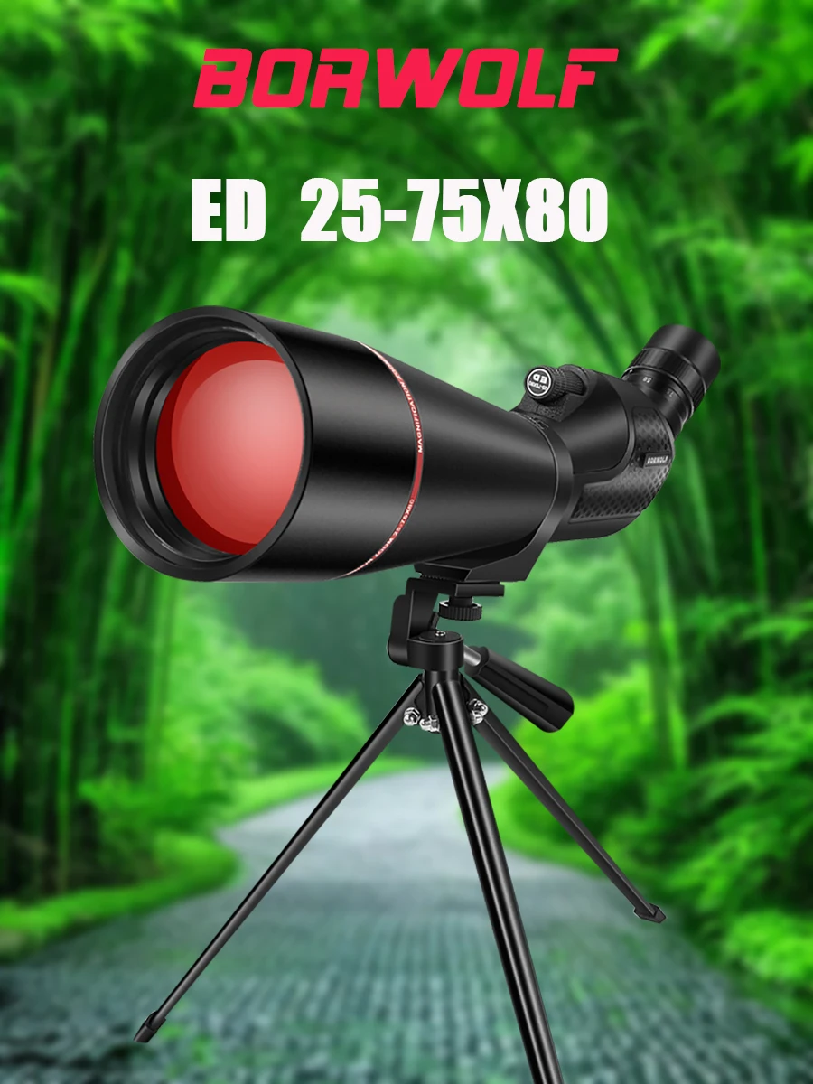 BORWOLF 25-75x80 Telescope Spotting Scope Powerful Zoom Monocular BAK4 Waterproof For Bird Watching Target Shotting With Tripod