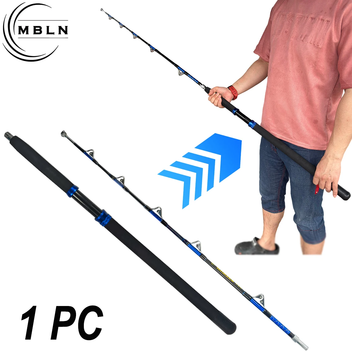 1pc Black Blue Carbon Surf Rod, 2-Section Portable Sea Fishing Pole with Metal Guides & EVA Grip, Heavy Duty for Boat/Casting/Lo