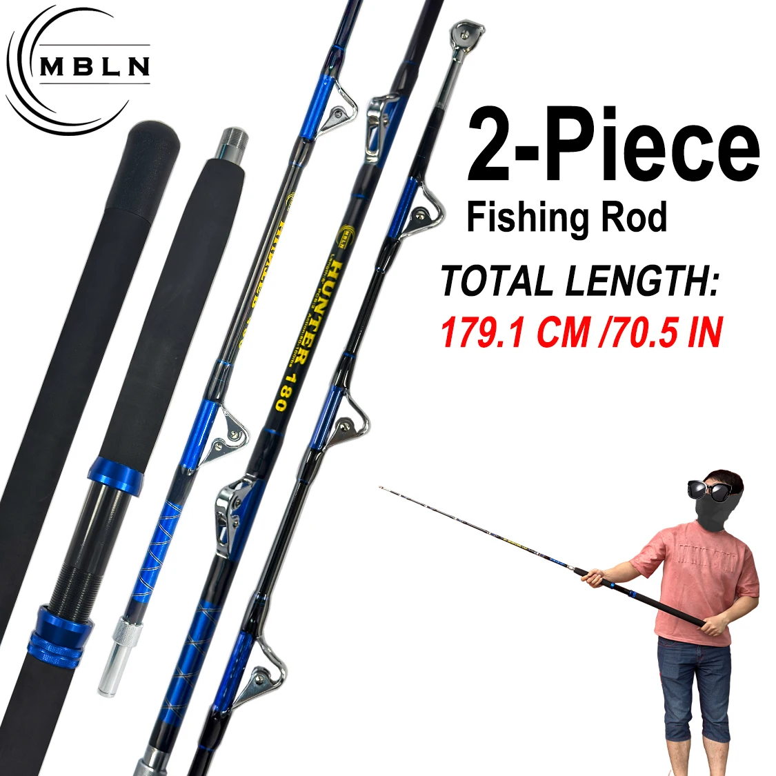 1pc Black Blue Carbon Surf Rod, 2-Section Portable Sea Fishing Pole with Metal Guides & EVA Grip, Heavy Duty for Boat/Casting/Lo