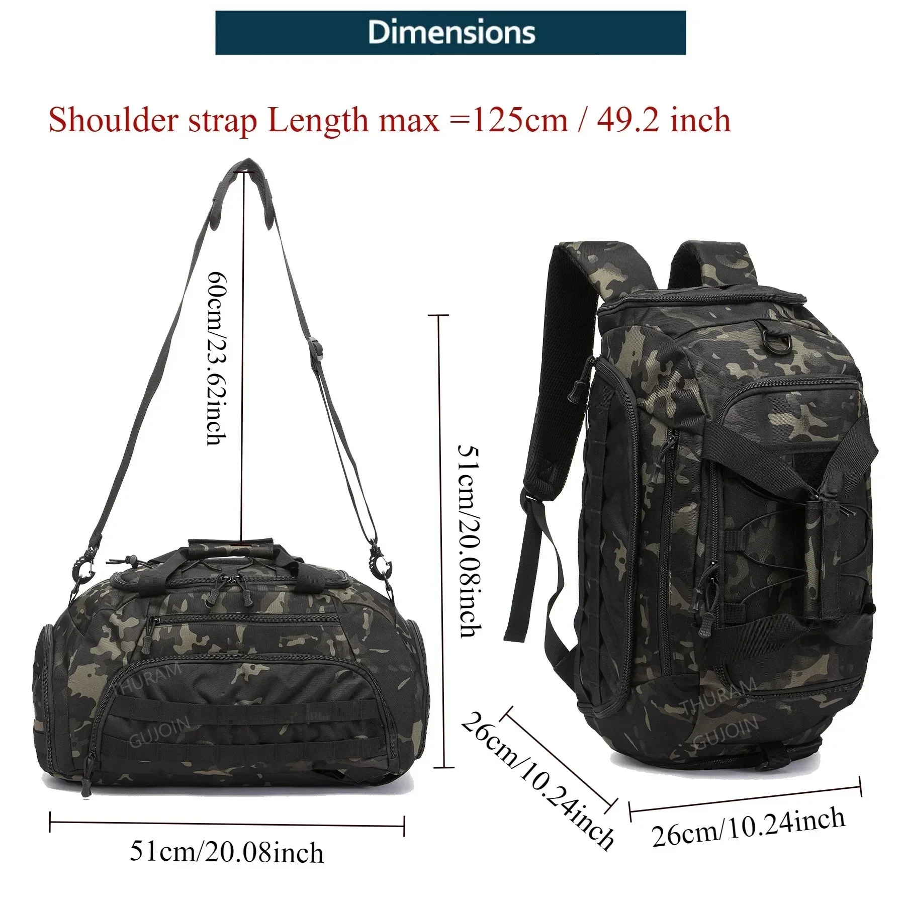 3-in-1 Tactical Gym Backpack with Shoe Compartment Convertible Duffel Sling Bag for Men Women Weekender Overnight Travel Bag