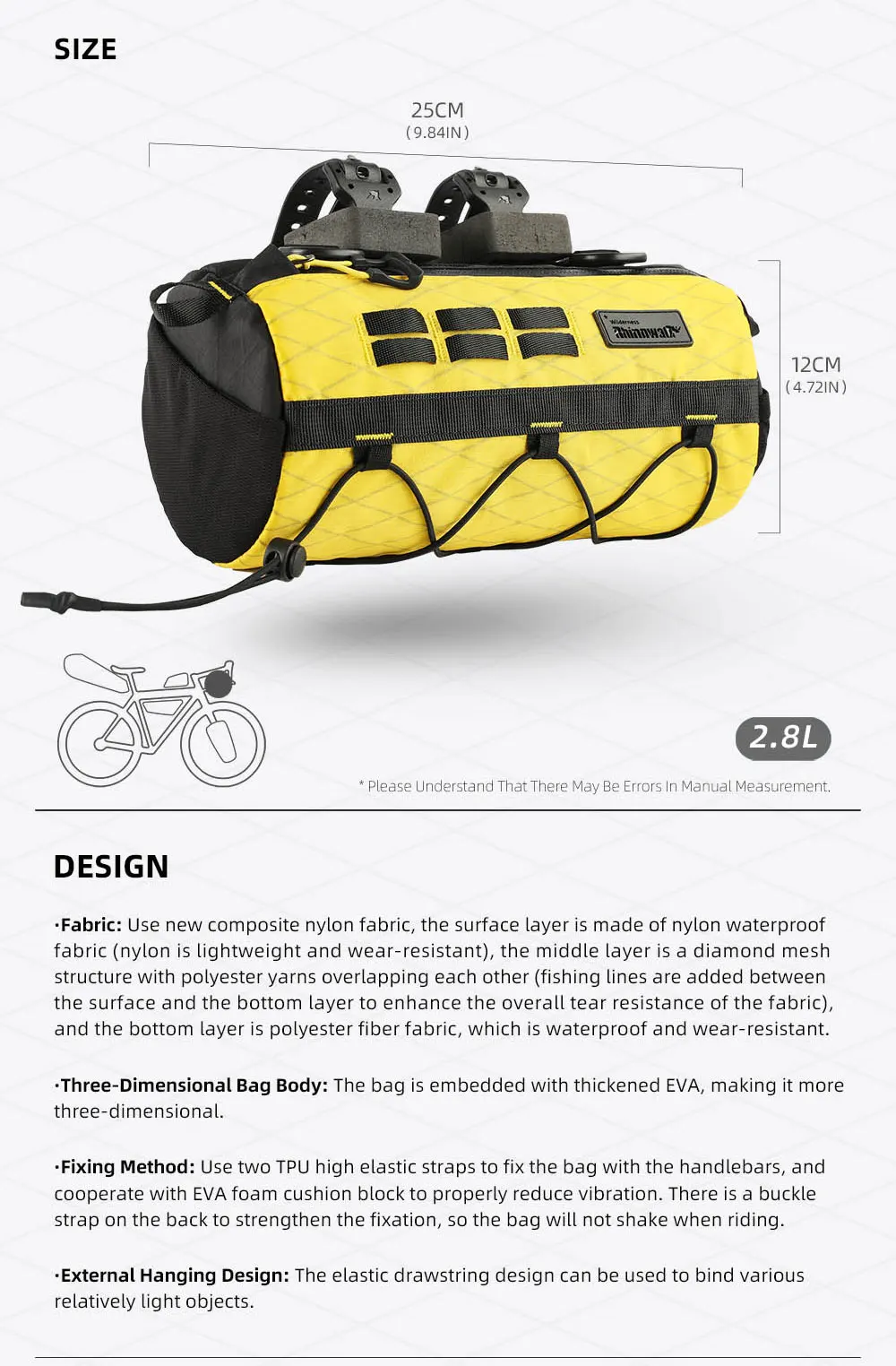 Rhinowalk Bike Handlebar Bag 2.8L Bicycle Front Bag  Wilderness Series EVA 3D Design Wear-Resistant Bike Bag with Straps