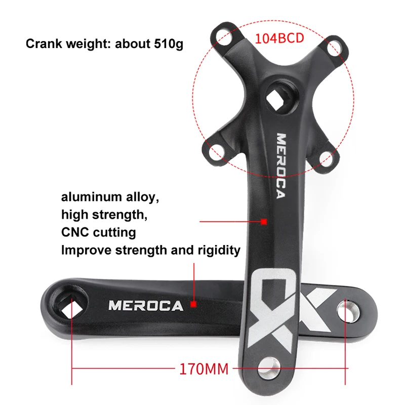 MEROCA Square taper crankset 104bcd Chainring 170mm MTB bicycle Square crank with 104 bcd Round narrow wide chainring