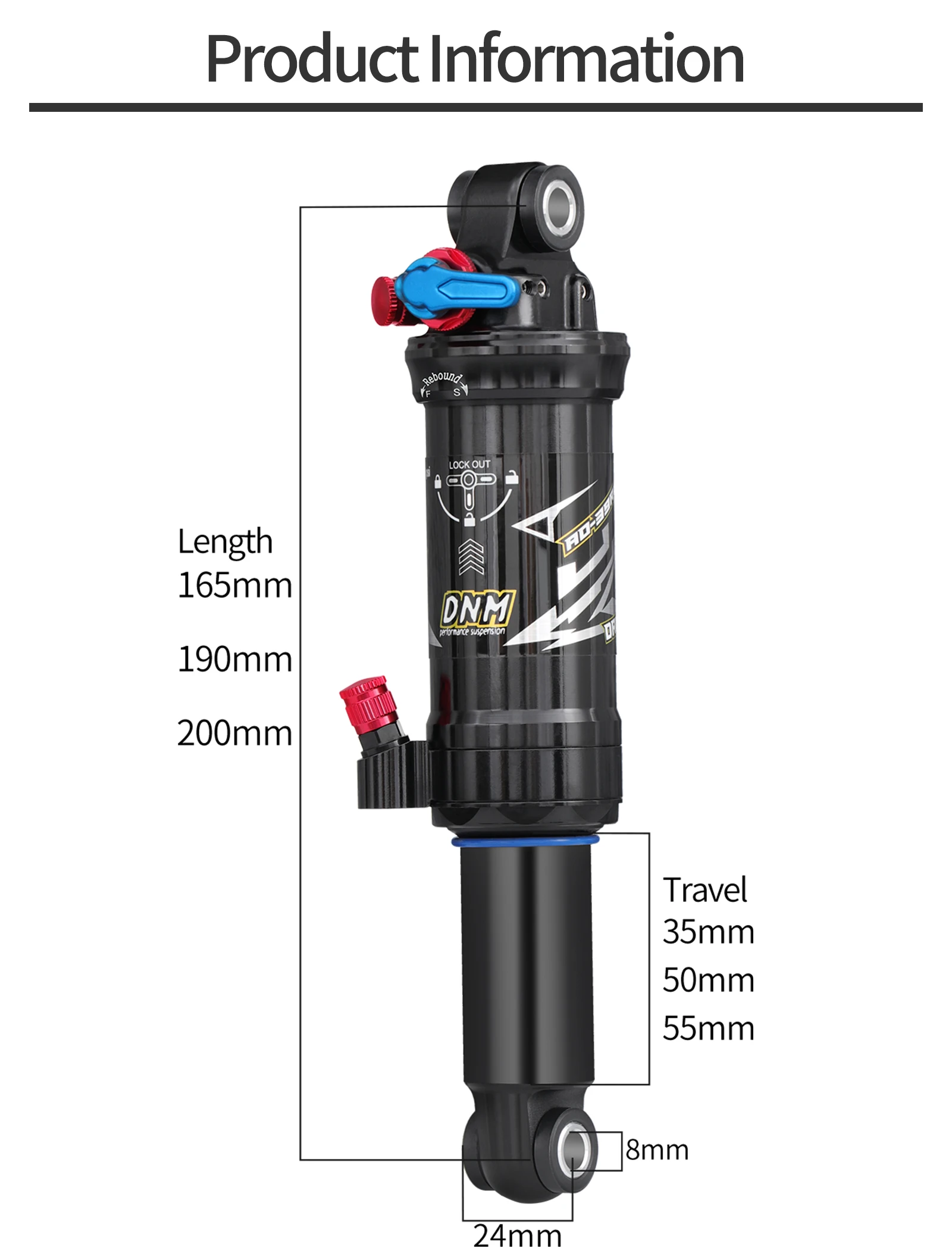 DNM AO39RC Air Shock Absorber 165/190/ 200mm With Damping Adjustment 3-stage Locking Double Chamber MTB Bicycle Shock Absorber