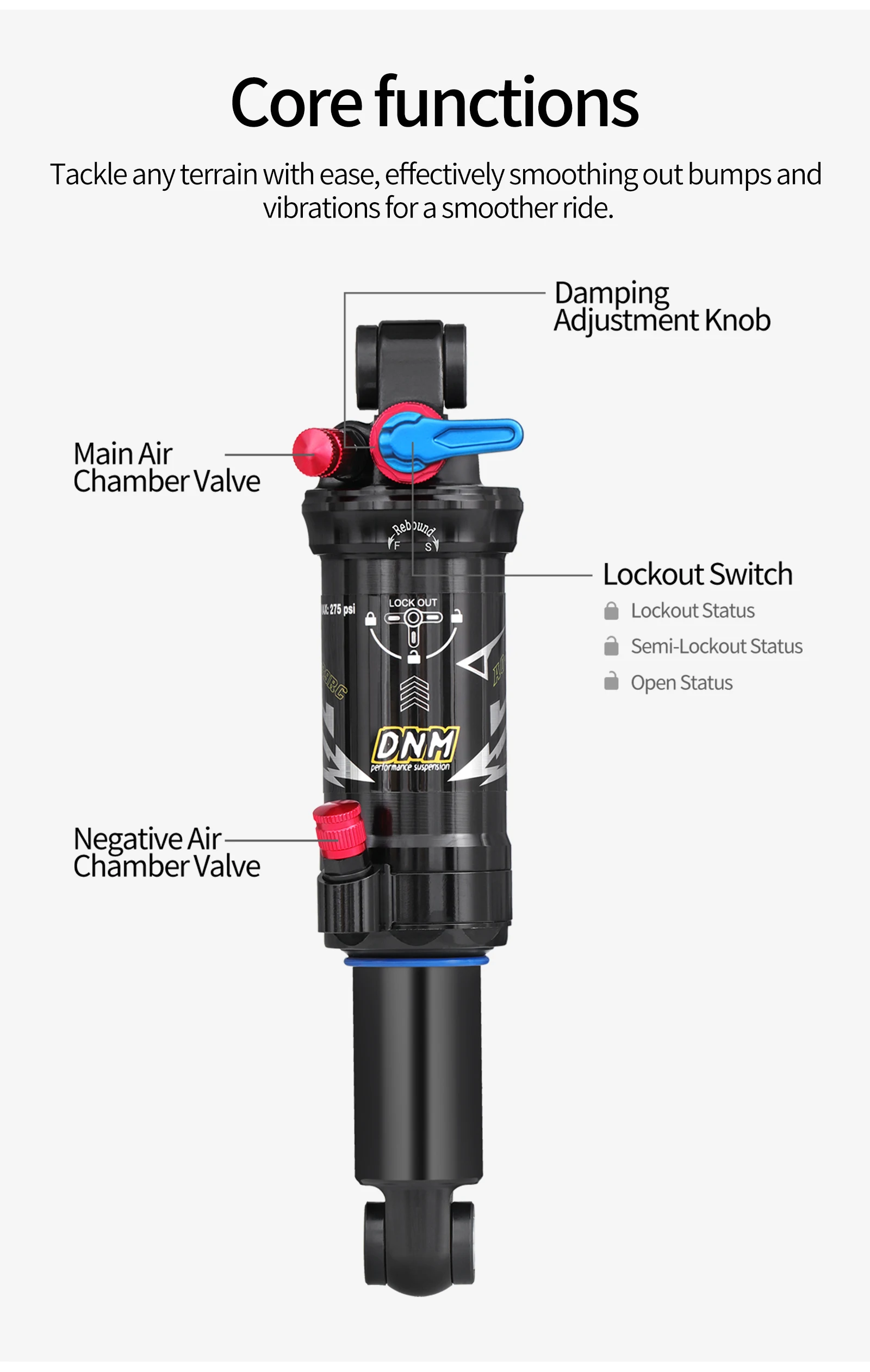 DNM AO39RC Air Shock Absorber 165/190/ 200mm With Damping Adjustment 3-stage Locking Double Chamber MTB Bicycle Shock Absorber
