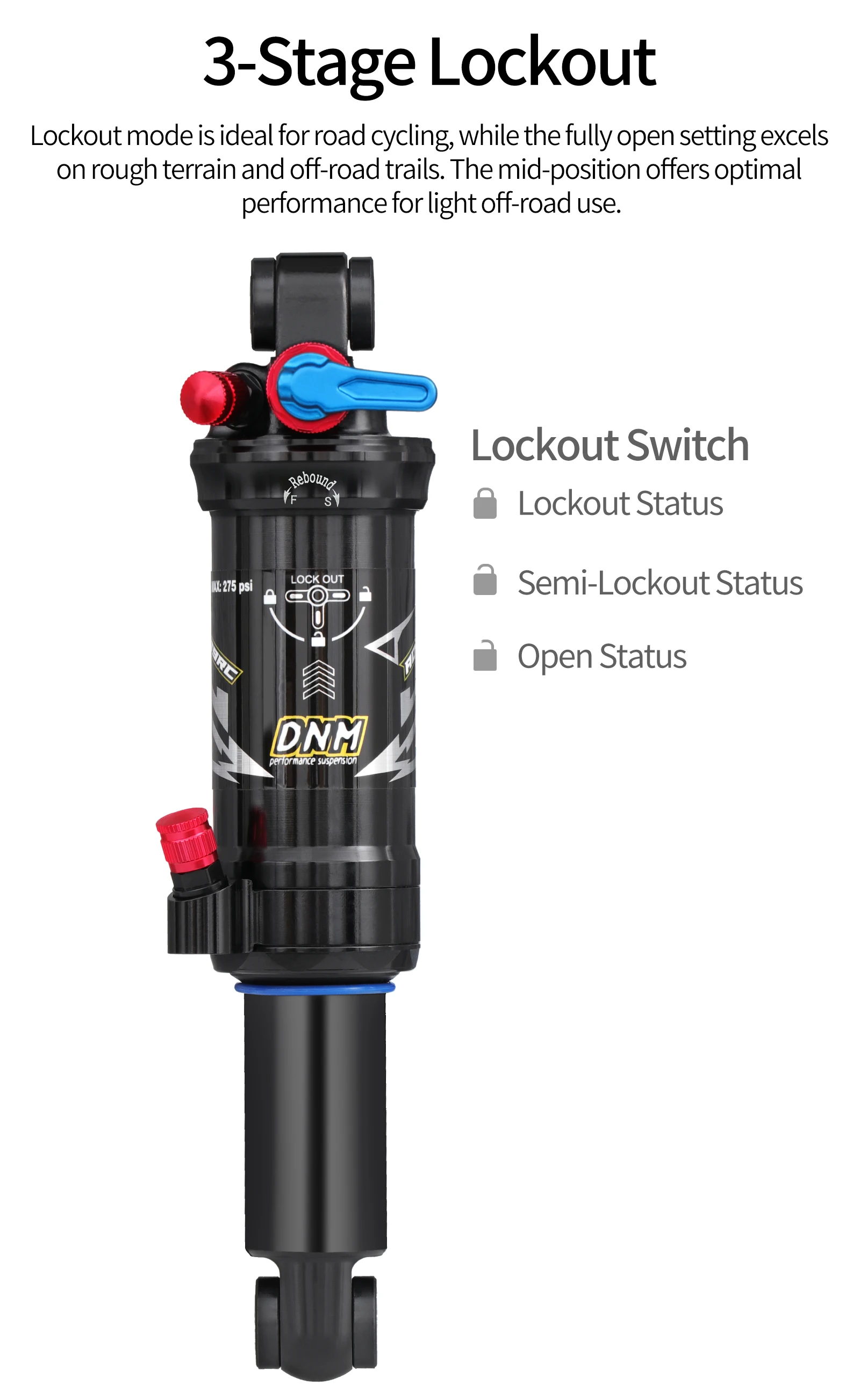 DNM AO39RC Air Shock Absorber 165/190/ 200mm With Damping Adjustment 3-stage Locking Double Chamber MTB Bicycle Shock Absorber