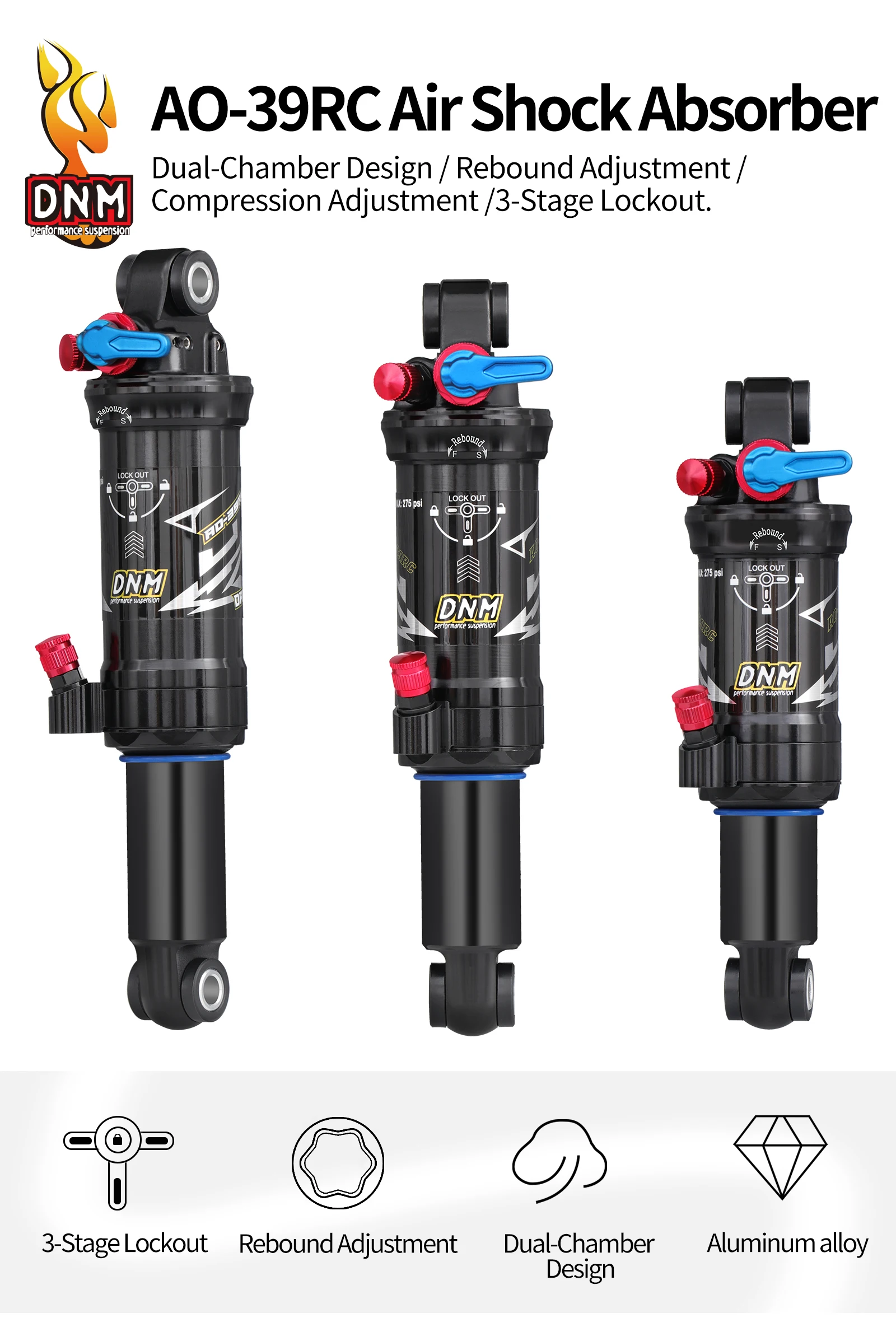 DNM AO39RC Air Shock Absorber 165/190/ 200mm With Damping Adjustment 3-stage Locking Double Chamber MTB Bicycle Shock Absorber