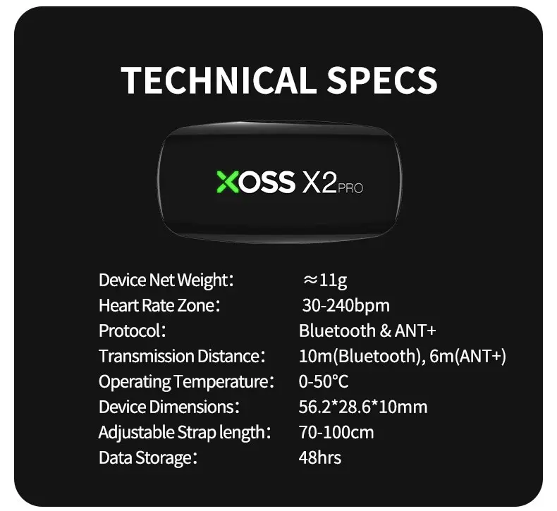 XOSS X2 Pro Heart Rate Monitor Sensor Rechargeable Battery Charger Stores Of Data For Swimming Sailboat Fitness Running Cycling