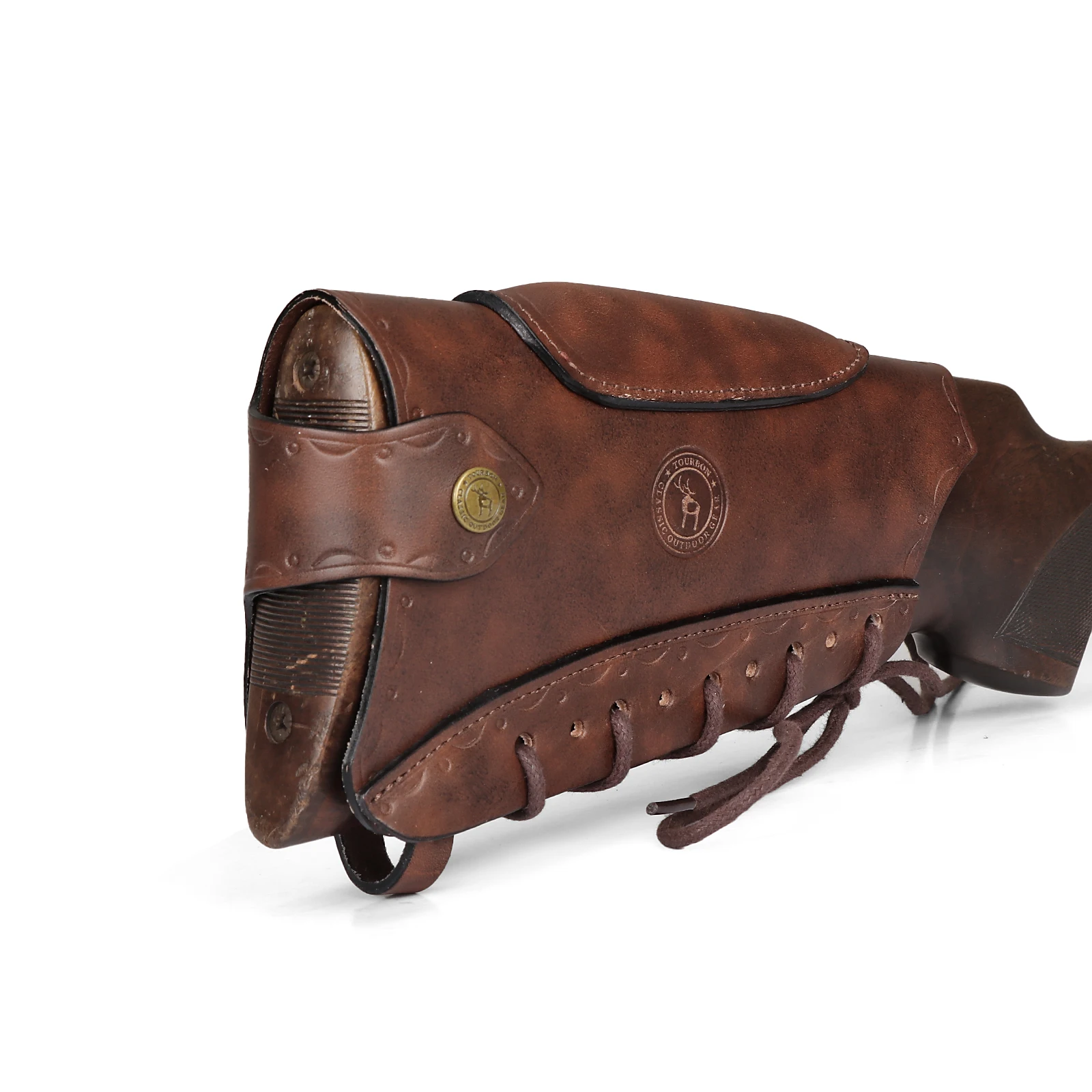 Tourbon Vintage Leather Gun Buttstock Cover Rifle Cheek Rest Riser Pad Rope Closure Adjustable Brown Hunting Accessories