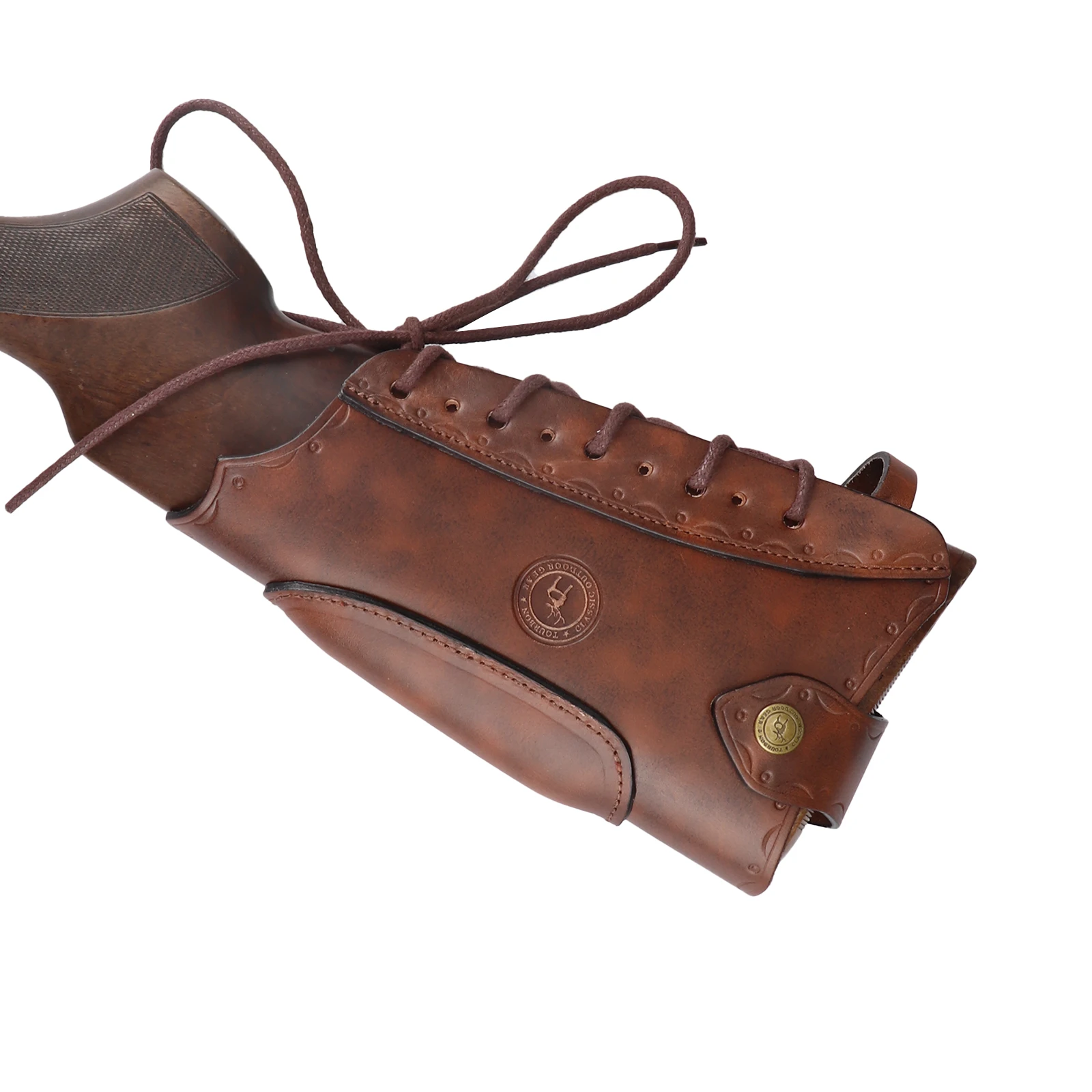 Tourbon Vintage Leather Gun Buttstock Cover Rifle Cheek Rest Riser Pad Rope Closure Adjustable Brown Hunting Accessories