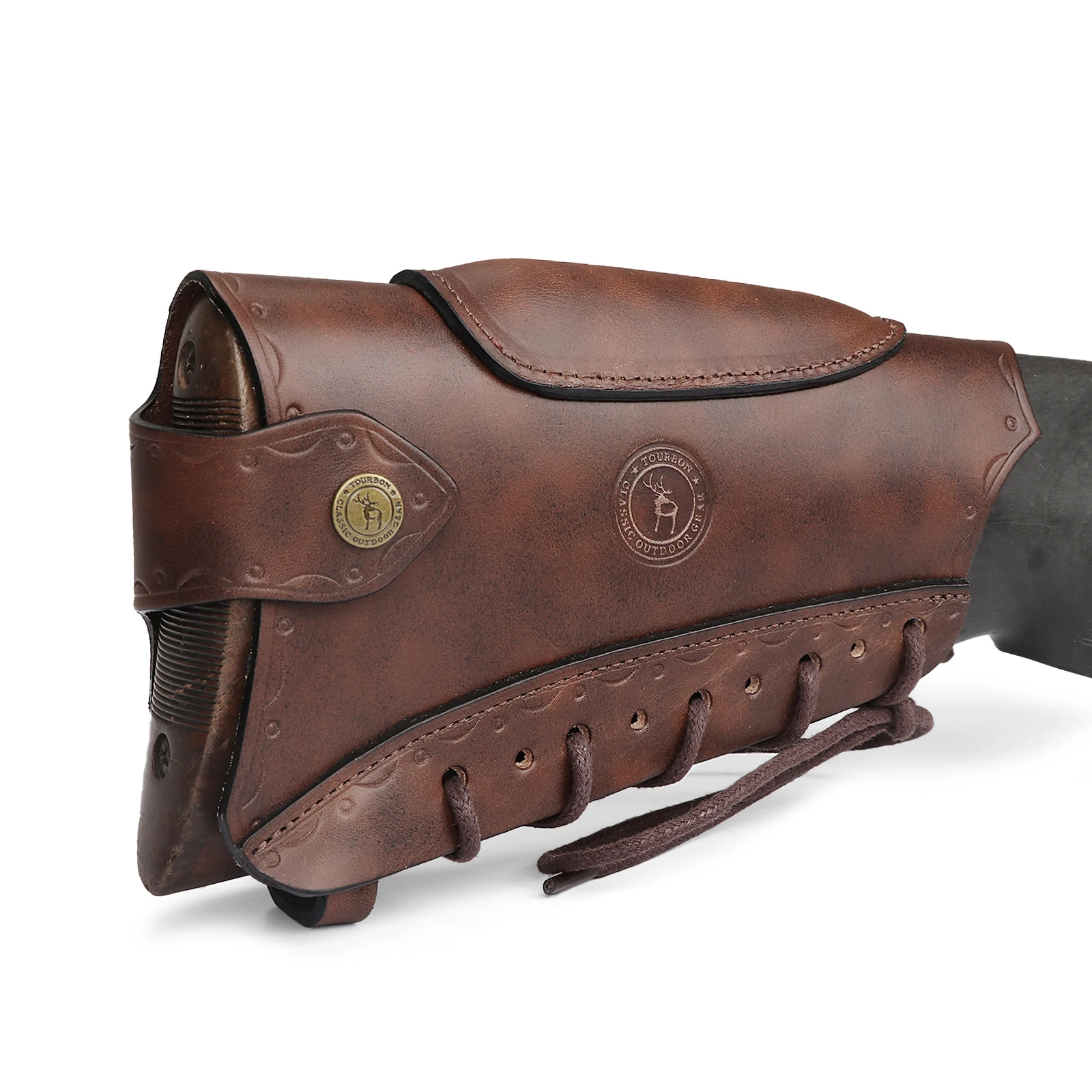 Tourbon Vintage Leather Gun Buttstock Cover Rifle Cheek Rest Riser Pad Rope Closure Adjustable Brown Hunting Accessories