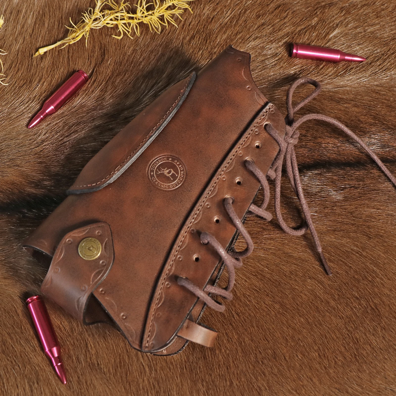 Tourbon Vintage Leather Gun Buttstock Cover Rifle Cheek Rest Riser Pad Rope Closure Adjustable Brown Hunting Accessories