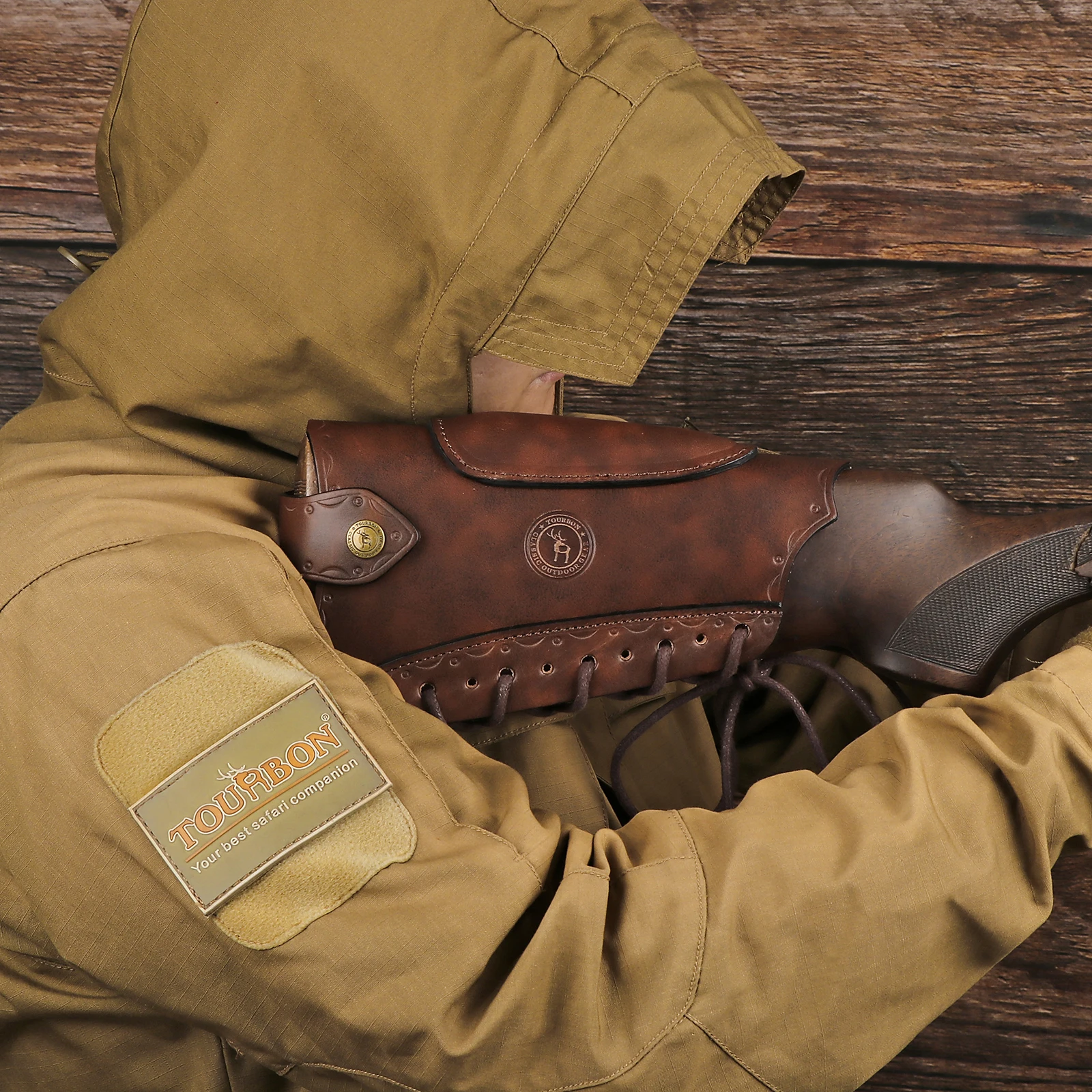 Tourbon Vintage Leather Gun Buttstock Cover Rifle Cheek Rest Riser Pad Rope Closure Adjustable Brown Hunting Accessories