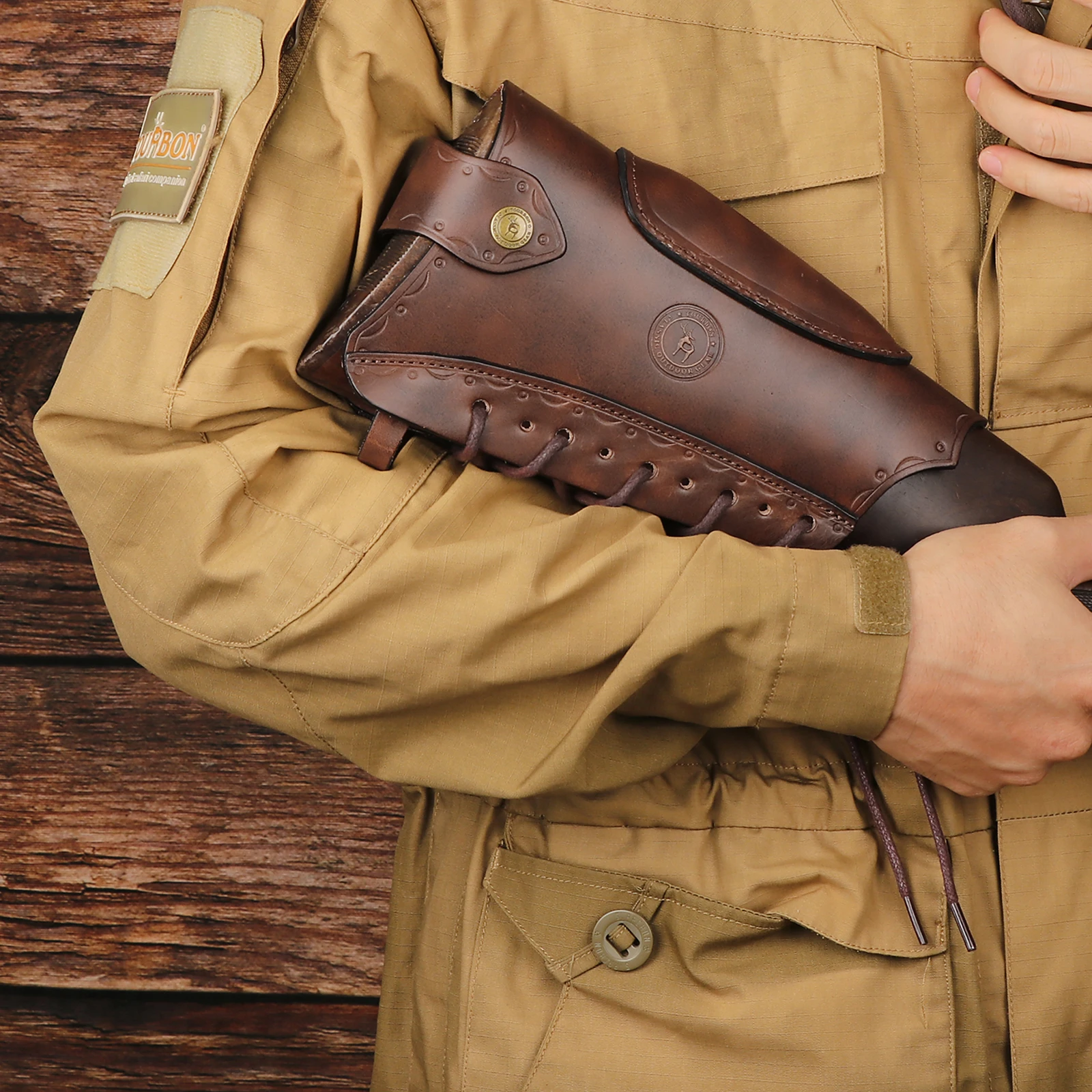 Tourbon Vintage Leather Gun Buttstock Cover Rifle Cheek Rest Riser Pad Rope Closure Adjustable Brown Hunting Accessories
