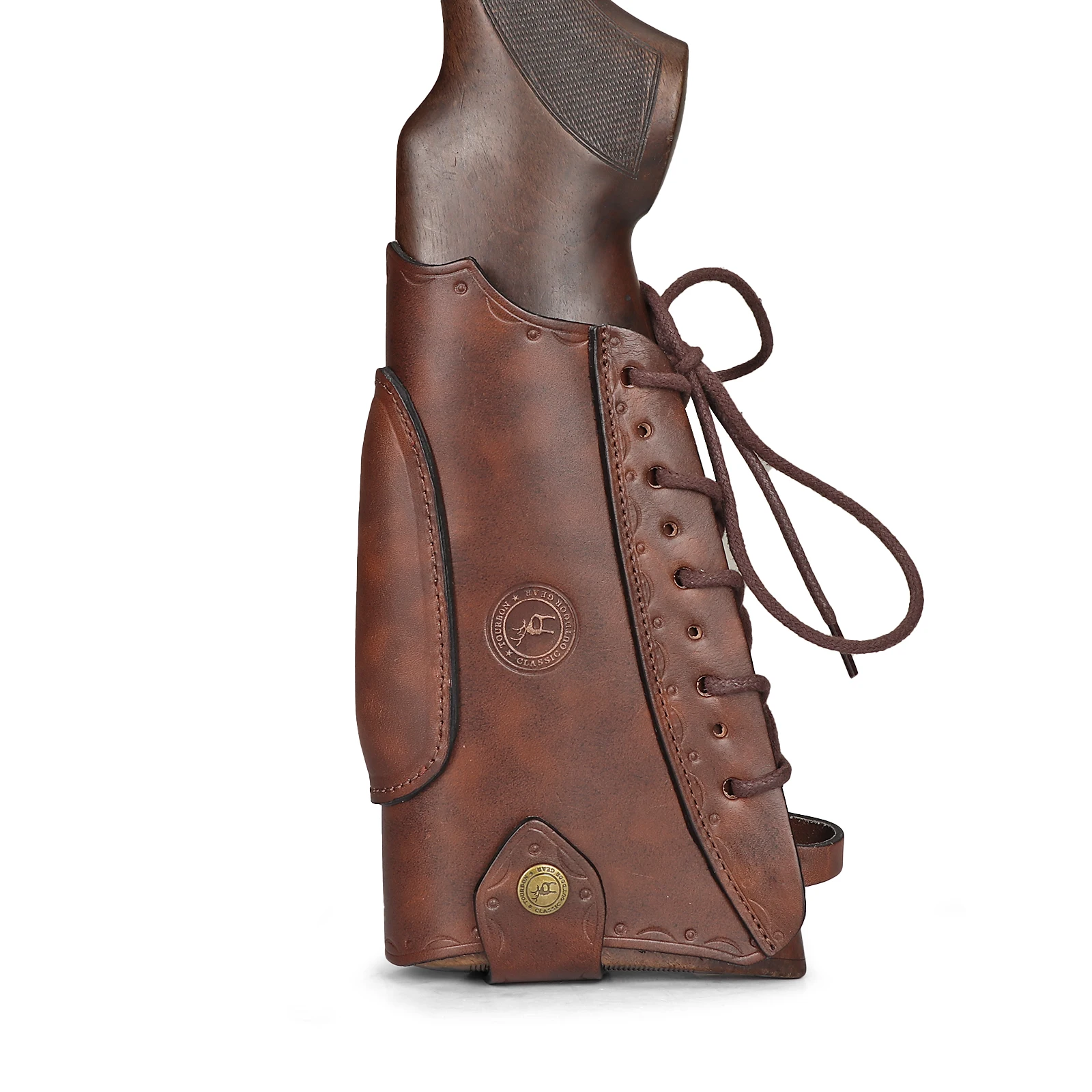 Tourbon Vintage Leather Gun Buttstock Cover Rifle Cheek Rest Riser Pad Rope Closure Adjustable Brown Hunting Accessories