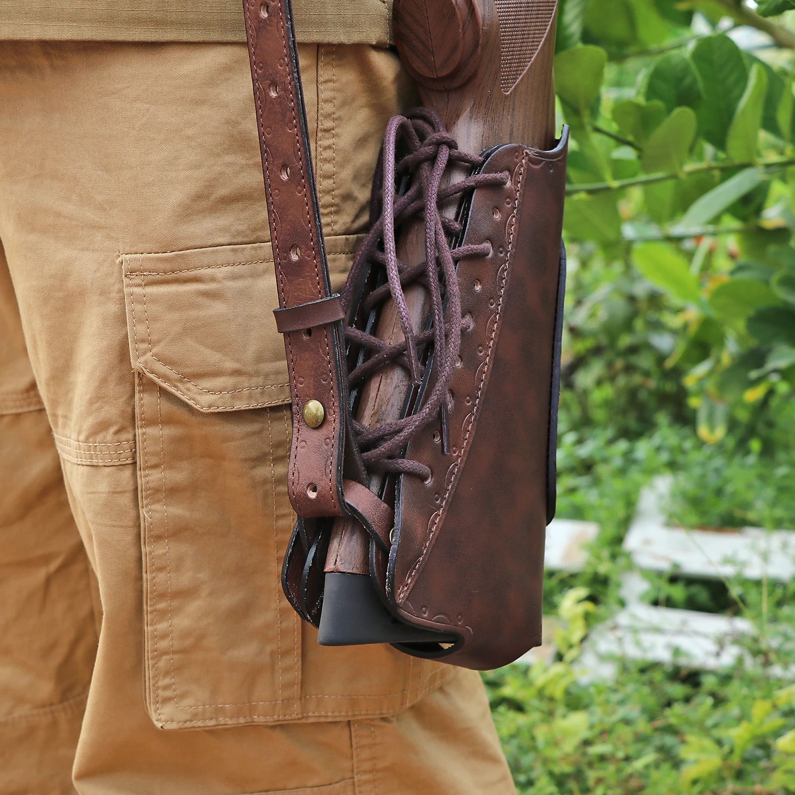 Tourbon Vintage Leather Gun Buttstock Cover Rifle Cheek Rest Riser Pad Rope Closure Adjustable Brown Hunting Accessories