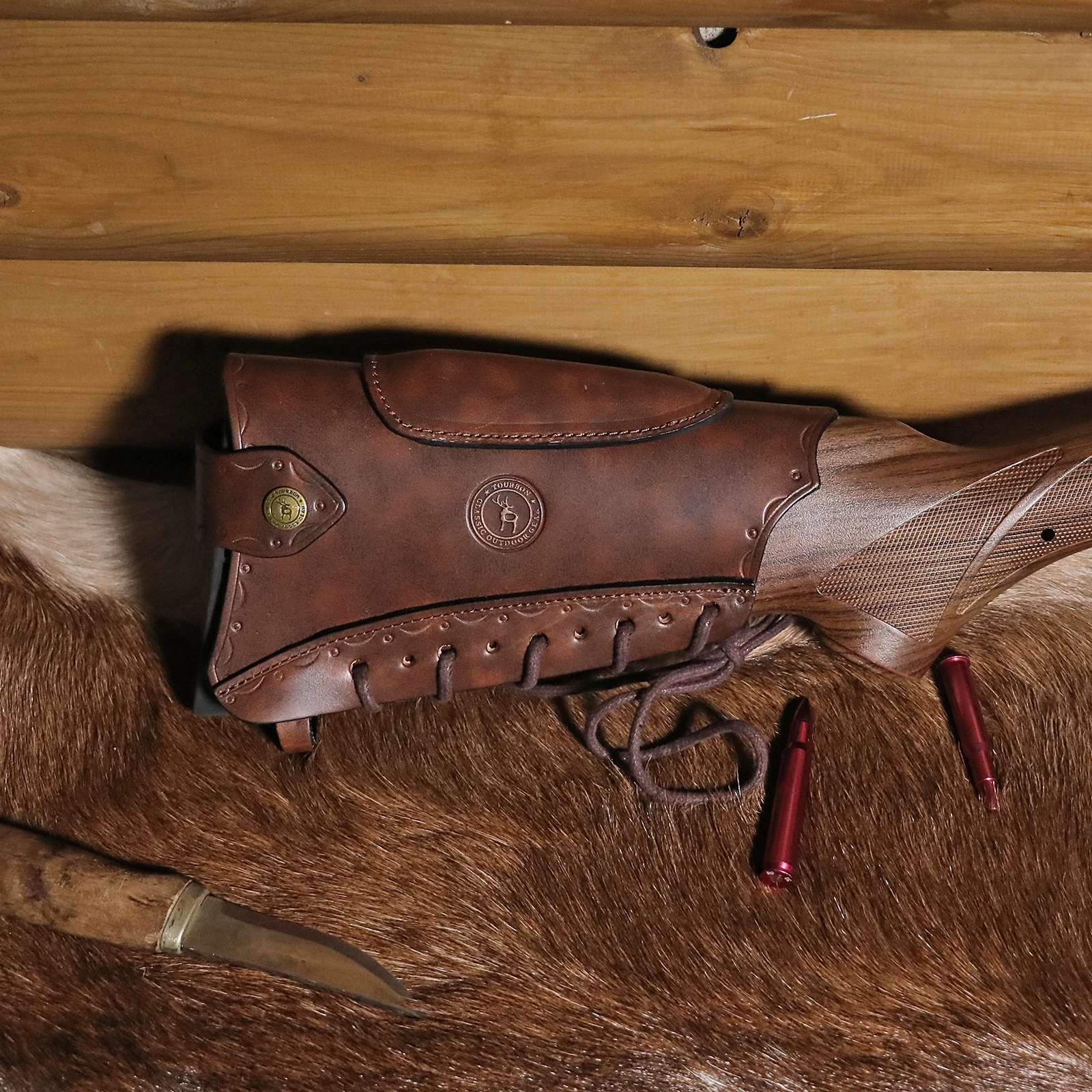 Tourbon Vintage Leather Gun Buttstock Cover Rifle Cheek Rest Riser Pad Rope Closure Adjustable Brown Hunting Accessories