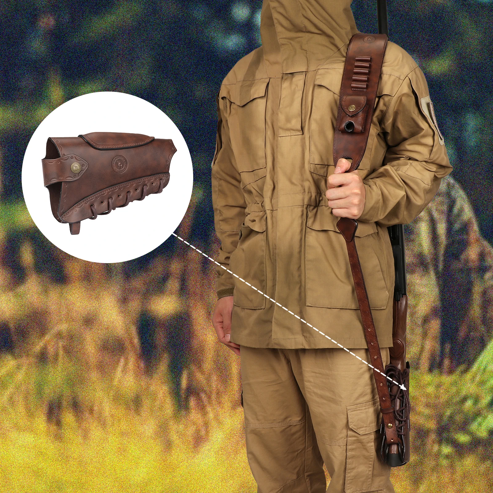Tourbon Vintage Leather Gun Buttstock Cover Rifle Cheek Rest Riser Pad Rope Closure Adjustable Brown Hunting Accessories