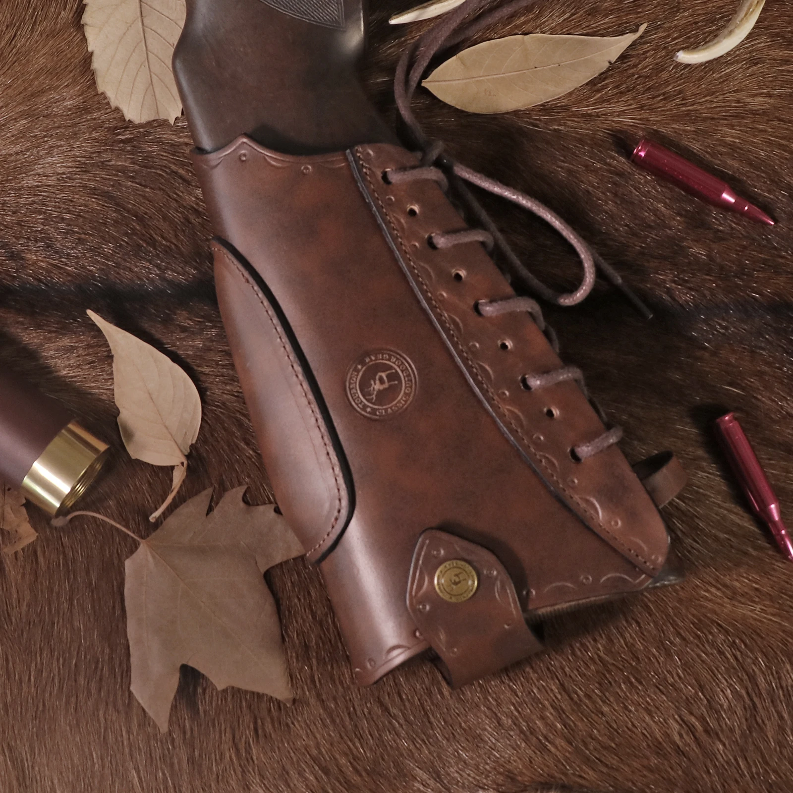 Tourbon Vintage Leather Gun Buttstock Cover Rifle Cheek Rest Riser Pad Rope Closure Adjustable Brown Hunting Accessories