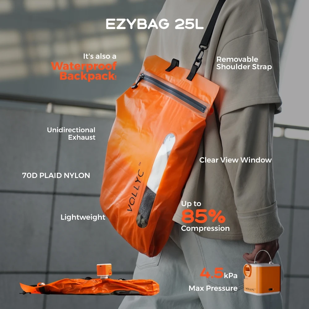 FLEXTAIL X VOLLYC EZYPACK - 25L Vacuum Storage Bag, Reusable Clothing Storage Bag, Travel Backpack Luggage Bag, 85% Compression