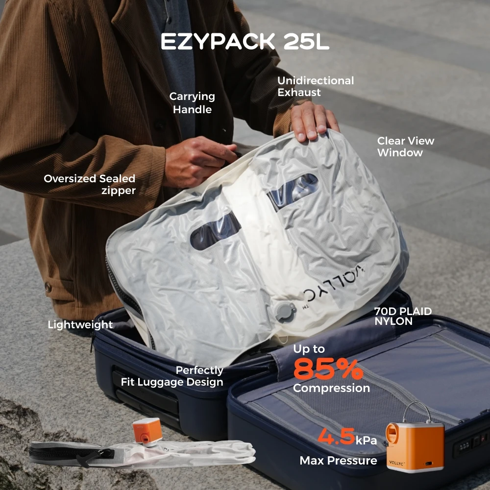 FLEXTAIL X VOLLYC EZYPACK - 25L Vacuum Storage Bag, Reusable Clothing Storage Bag, Travel Backpack Luggage Bag, 85% Compression