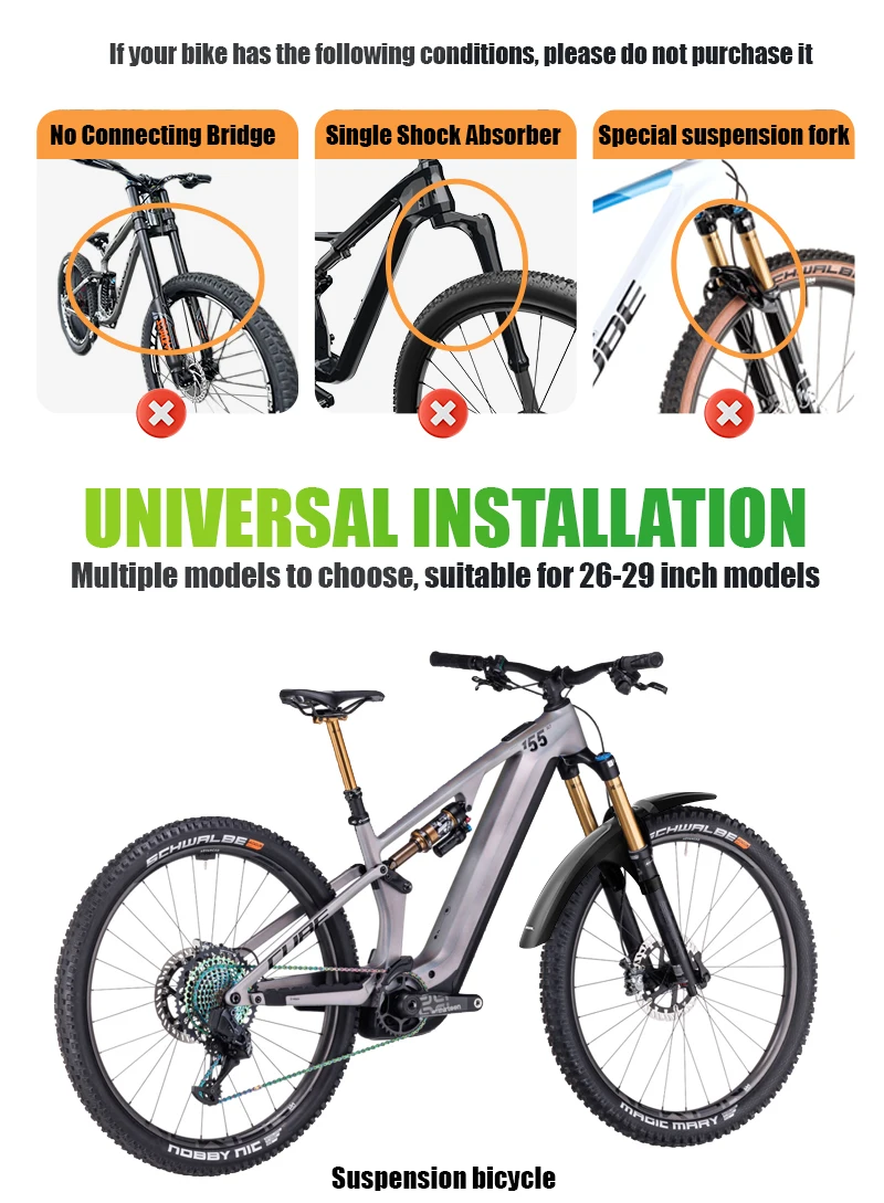 RBRL Bike Front Mudguard Full Coverage Bike Fender Compatible with 3' Tire Splash-proof Bicycle Fender for MTB Electric Cycling