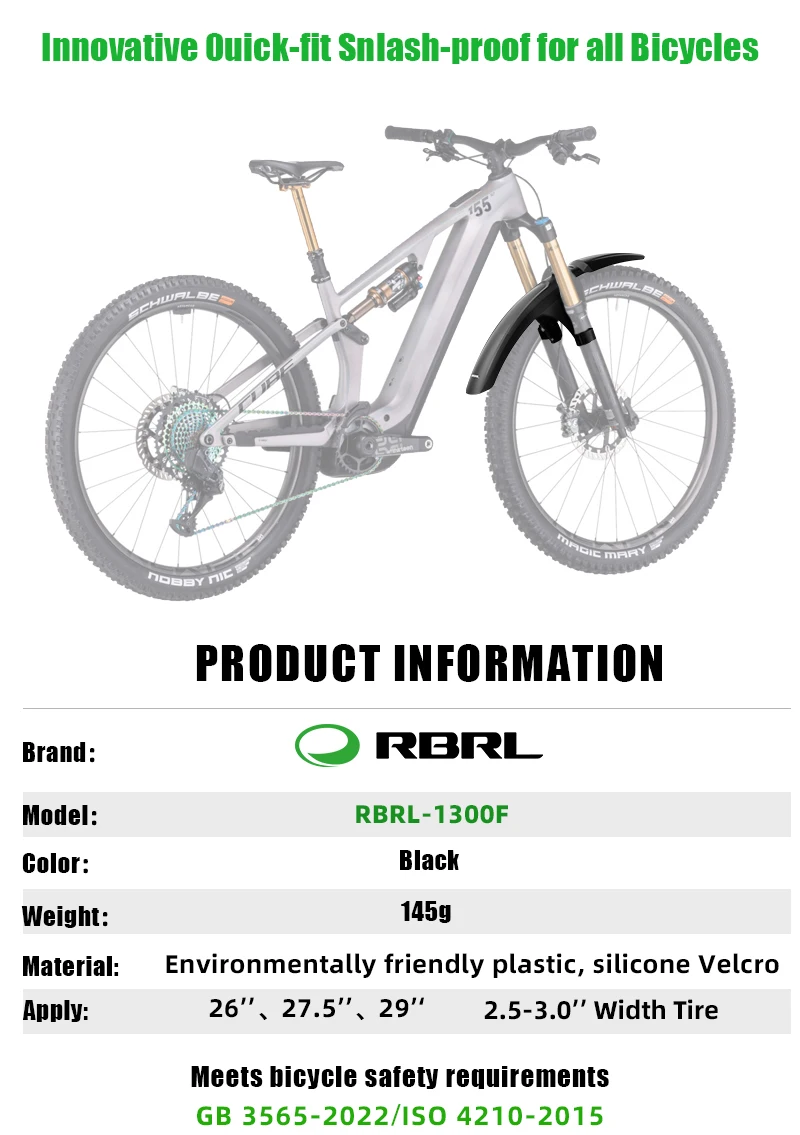 RBRL Bike Front Mudguard Full Coverage Bike Fender Compatible with 3' Tire Splash-proof Bicycle Fender for MTB Electric Cycling