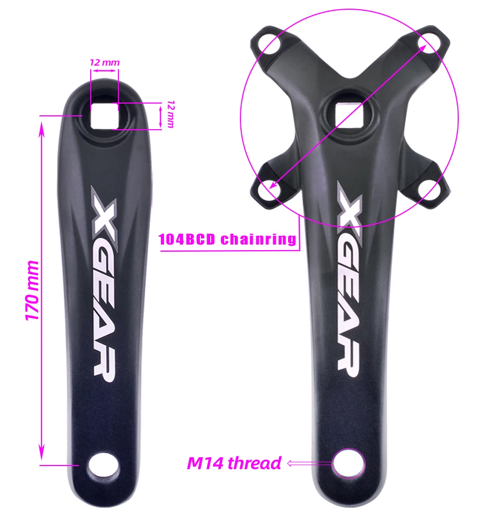 GOLDIX Square Hole Bicycle Crankset 104BCD Single Chainring Forging Aluminum Alloy Crank 170mm Length Black 32/34/36/38/40/42T