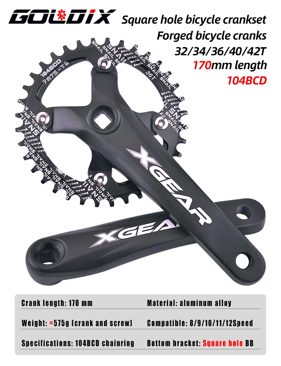 GOLDIX Square Hole Bicycle Crankset 104BCD Single Chainring Forging Aluminum Alloy Crank 170mm Length Black 32/34/36/38/40/42T