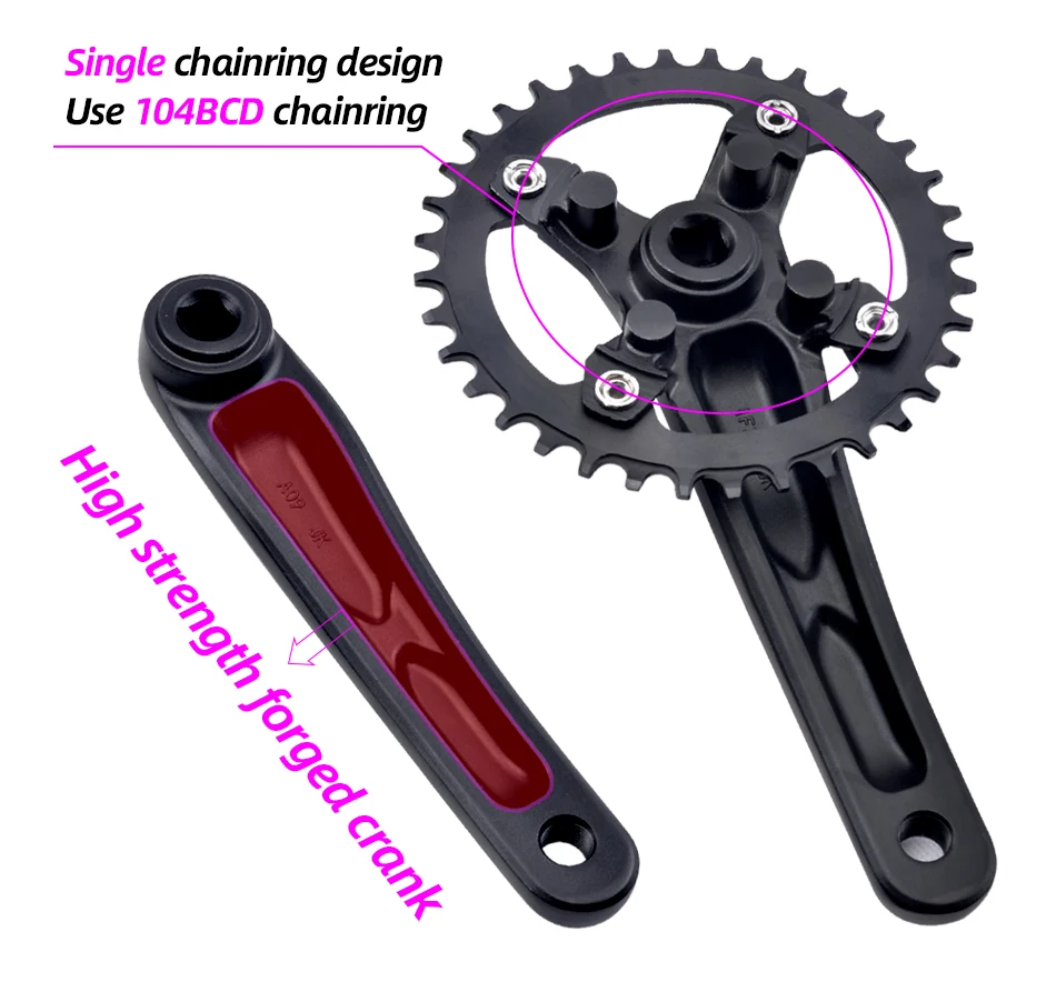 GOLDIX Square Hole Bicycle Crankset 104BCD Single Chainring Forging Aluminum Alloy Crank 170mm Length Black 32/34/36/38/40/42T
