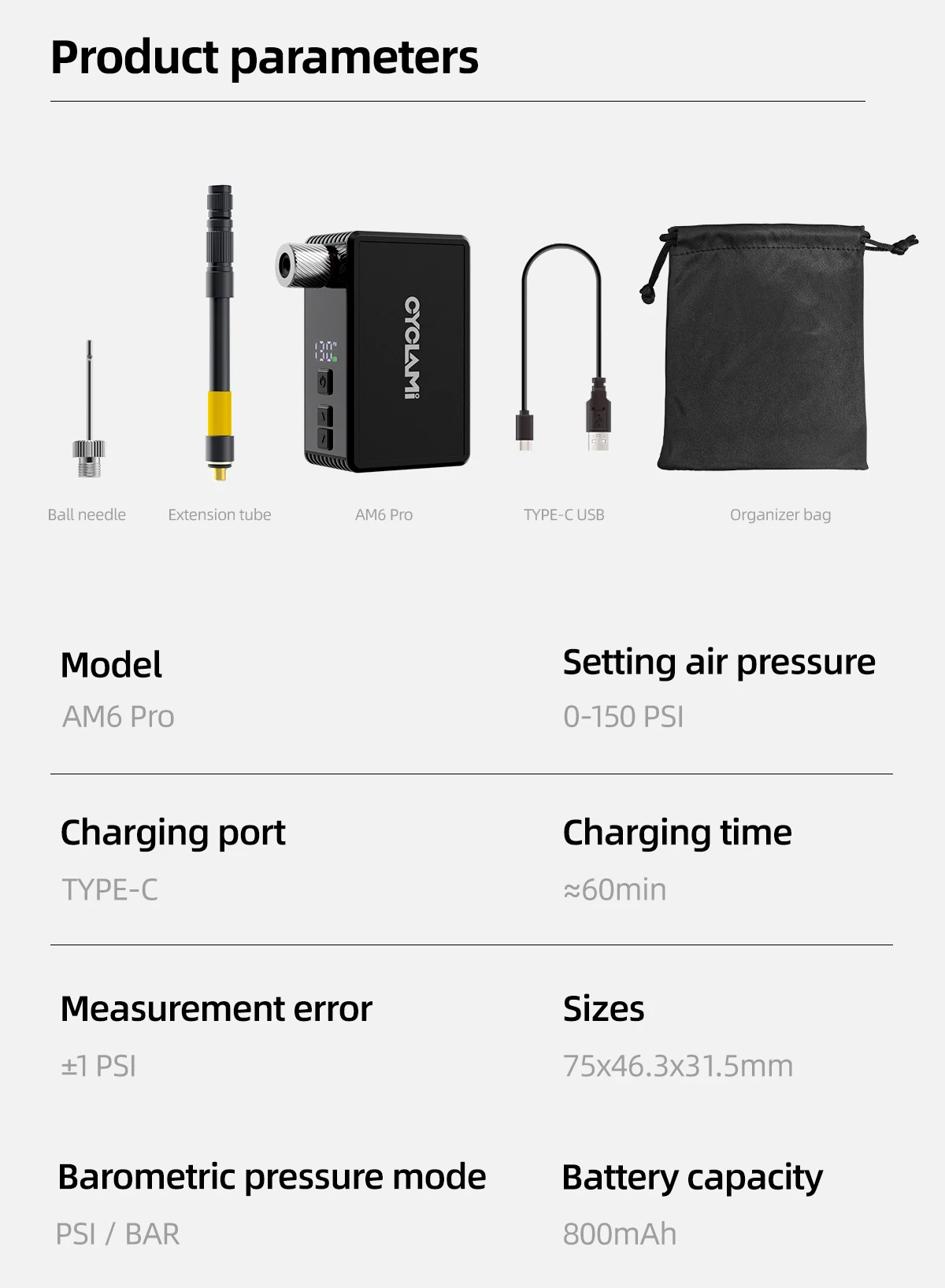 CYCLAMI AM6 Pro Mini Electric Automatic Air Pump Portable Digital Inflator MTB Road Bike Schrader Presta Tires 150PSI 800mAh