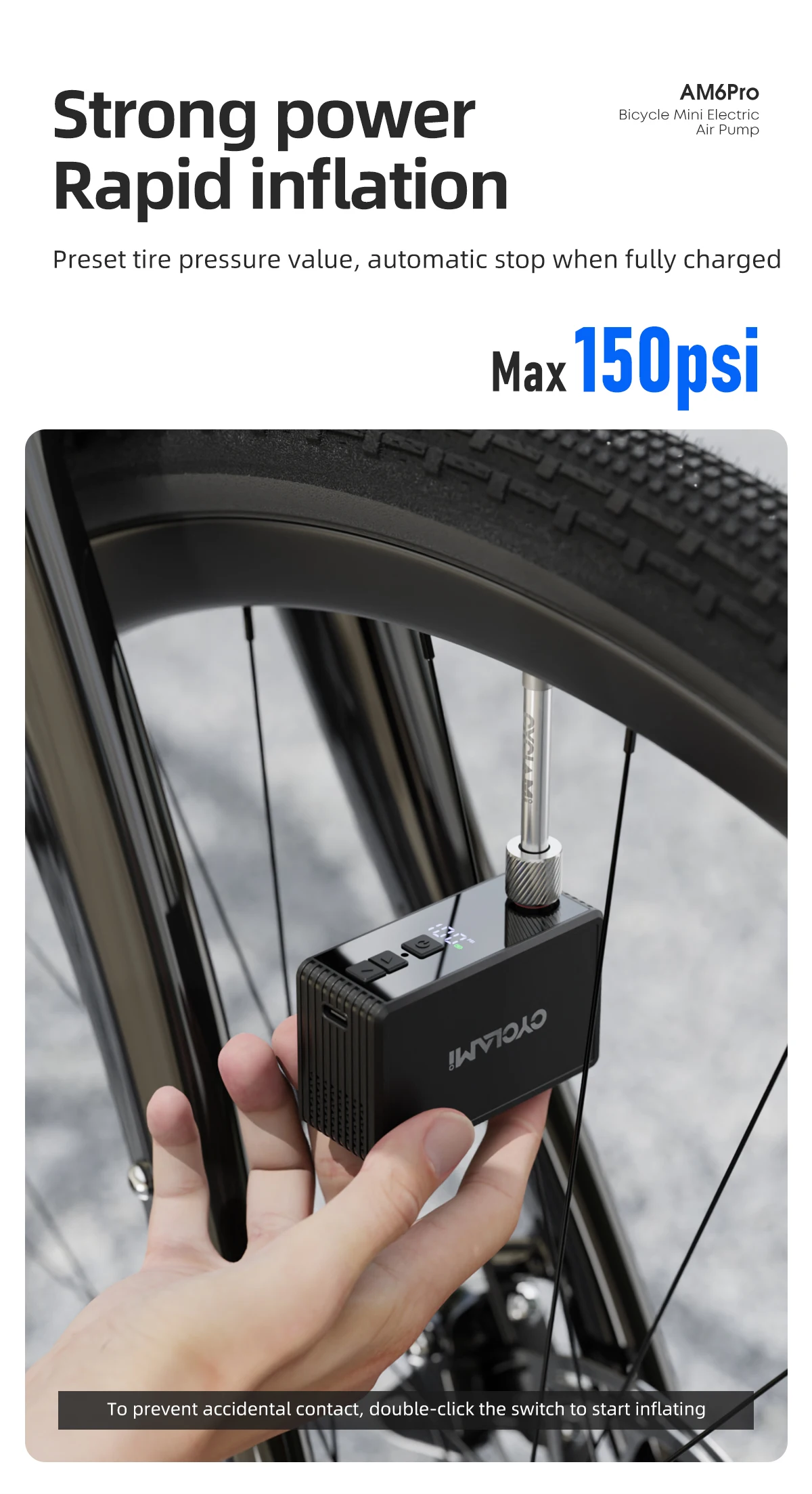 CYCLAMI AM6 Pro Mini Electric Automatic Air Pump Portable Digital Inflator MTB Road Bike Schrader Presta Tires 150PSI 800mAh