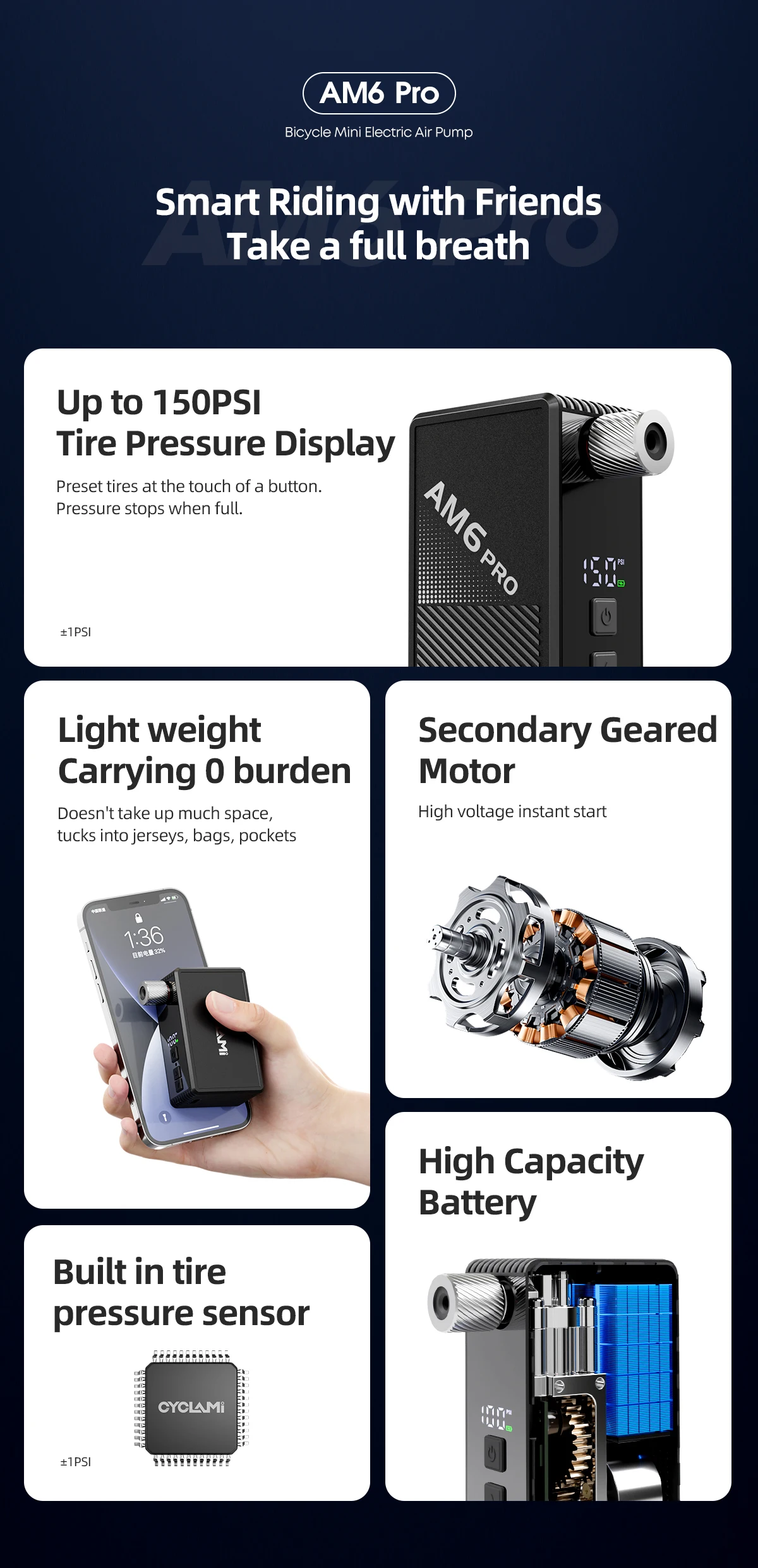 CYCLAMI AM6 Pro Mini Electric Automatic Air Pump Portable Digital Inflator MTB Road Bike Schrader Presta Tires 150PSI 800mAh