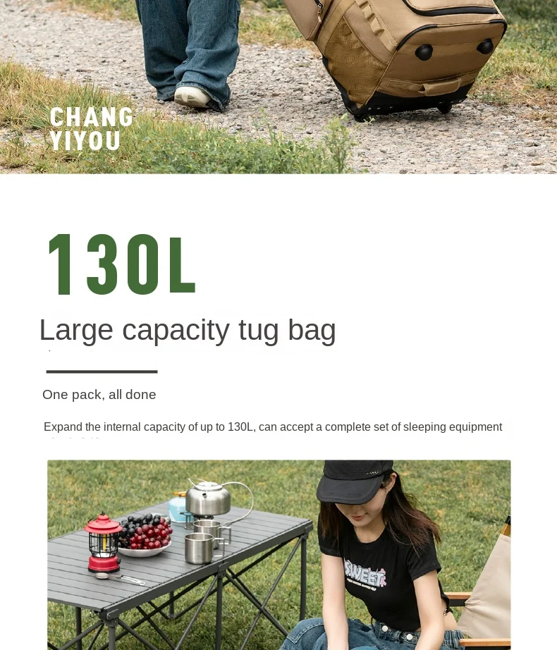 130L Outdoor Large-Capacity Trolley Backpack Thickened Storage Bag with Wheels Complete Set for Picnic and Camping Gear