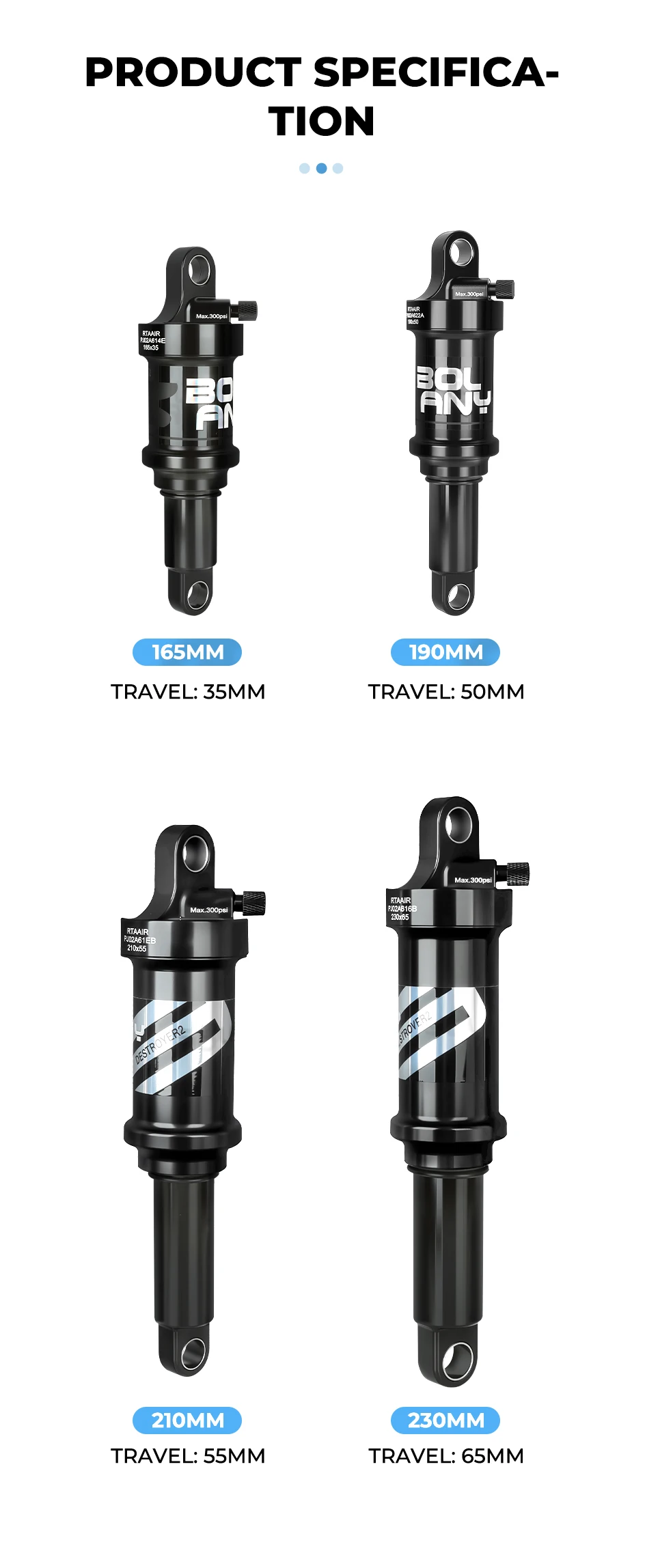 BOLANY MTB Rear Shock Damping Air Shock 165/190/210/230mm Air Adjustable Rear Suspension for Downhill Full Suspension Bicycle