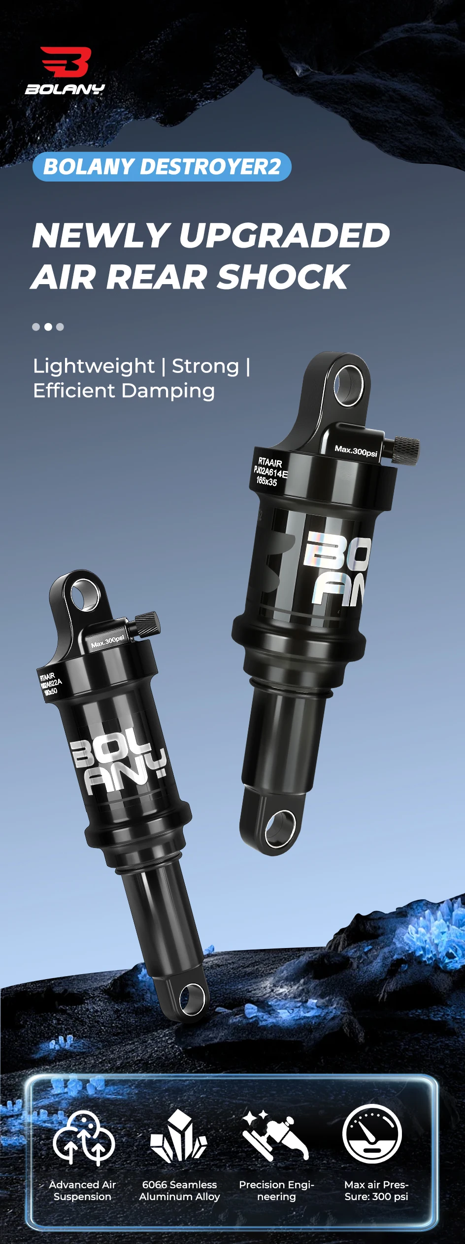 BOLANY MTB Rear Shock Damping Air Shock 165/190/210/230mm Air Adjustable Rear Suspension for Downhill Full Suspension Bicycle