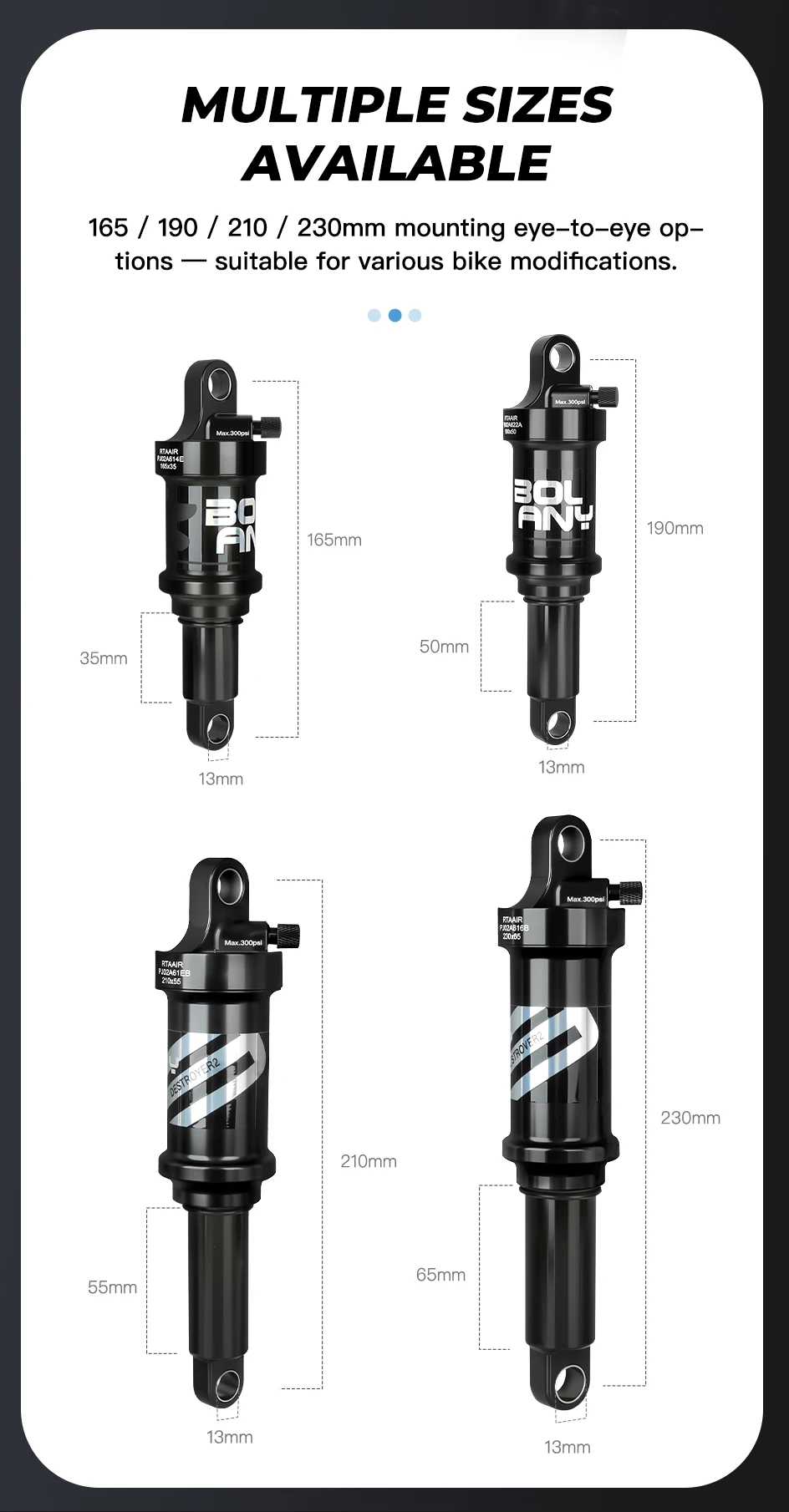 BOLANY MTB Rear Shock Damping Air Shock 165/190/210/230mm Air Adjustable Rear Suspension for Downhill Full Suspension Bicycle